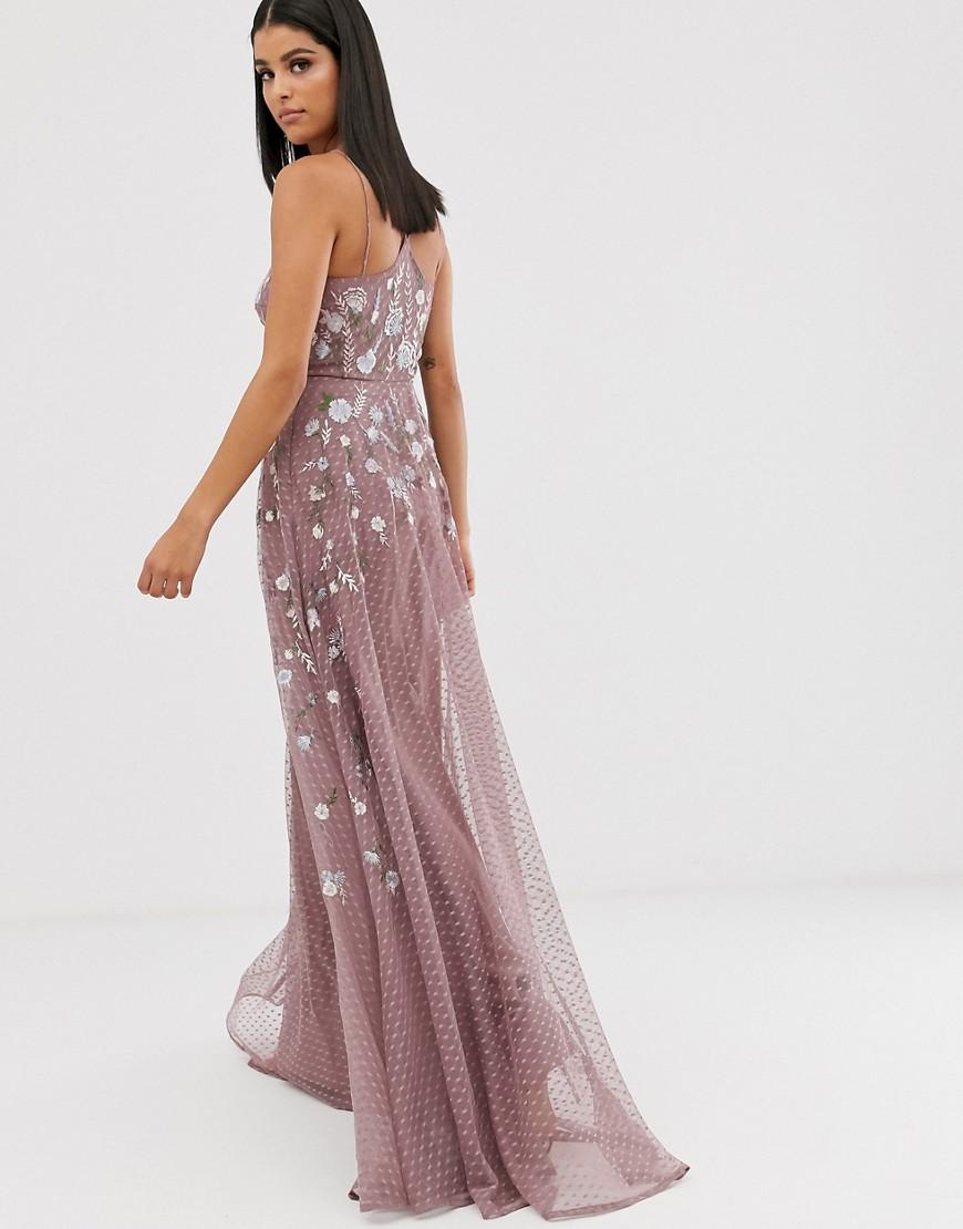 asos design maxi dress with pinny bodice in embroidered dobby
