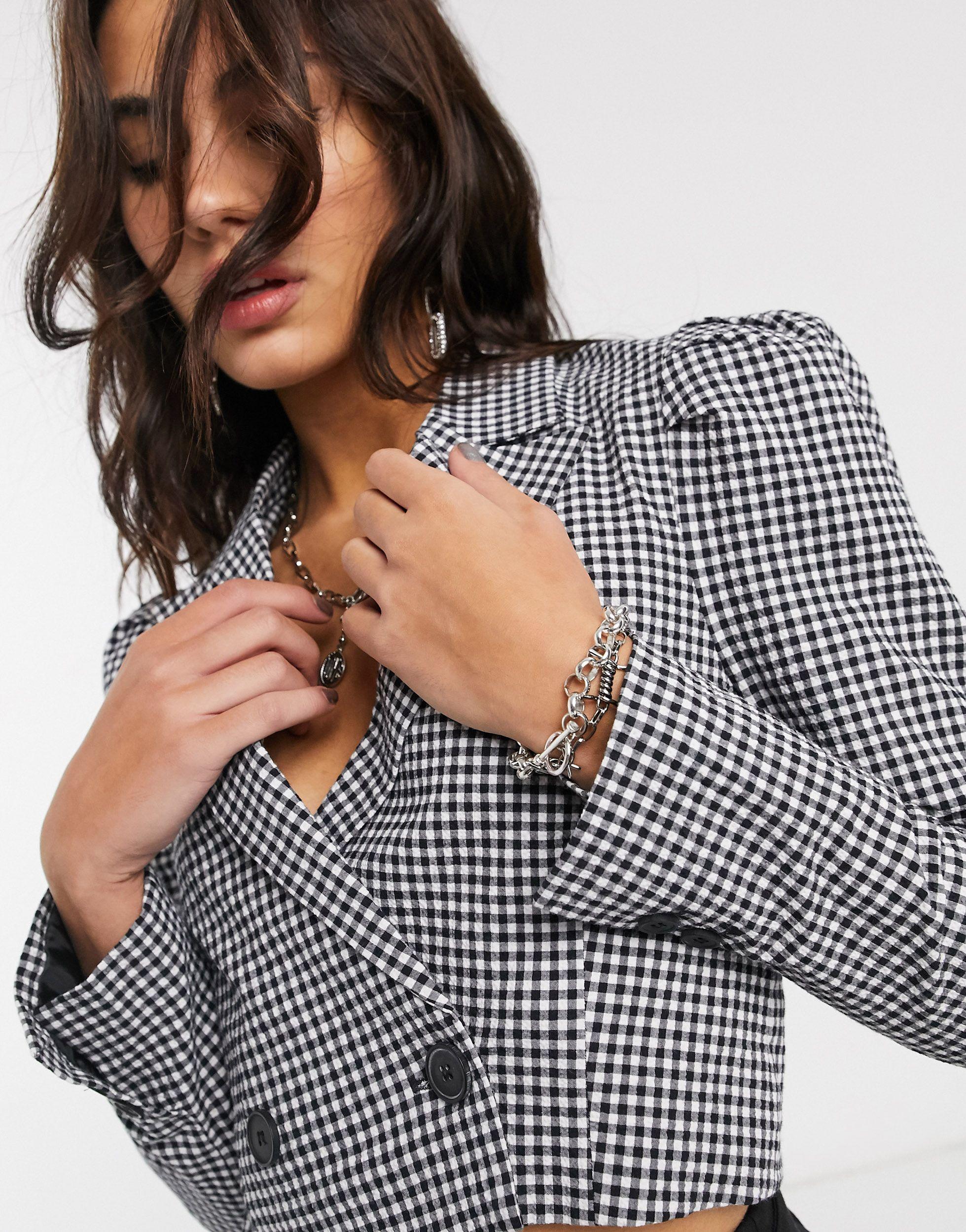Bershka Synthetic Cropped Gingham Blazer With Puff Sleeve | Lyst
