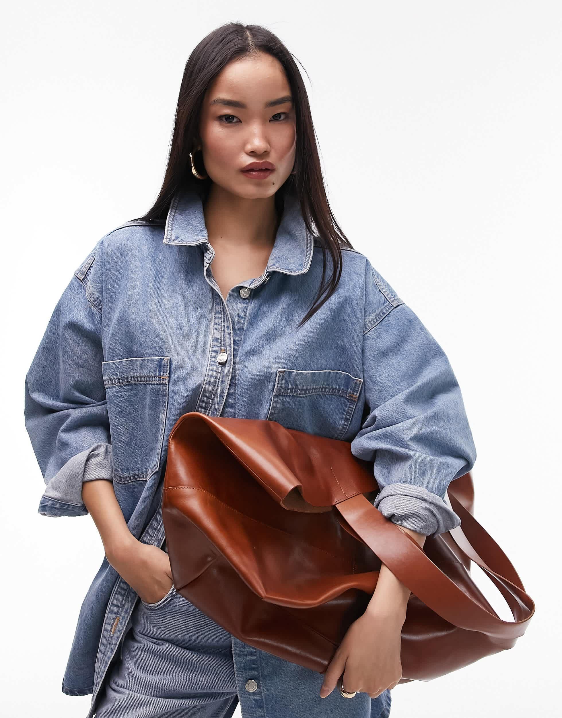 TOPSHOP Lucy Leather Oversized Tote Bag in Brown Lyst