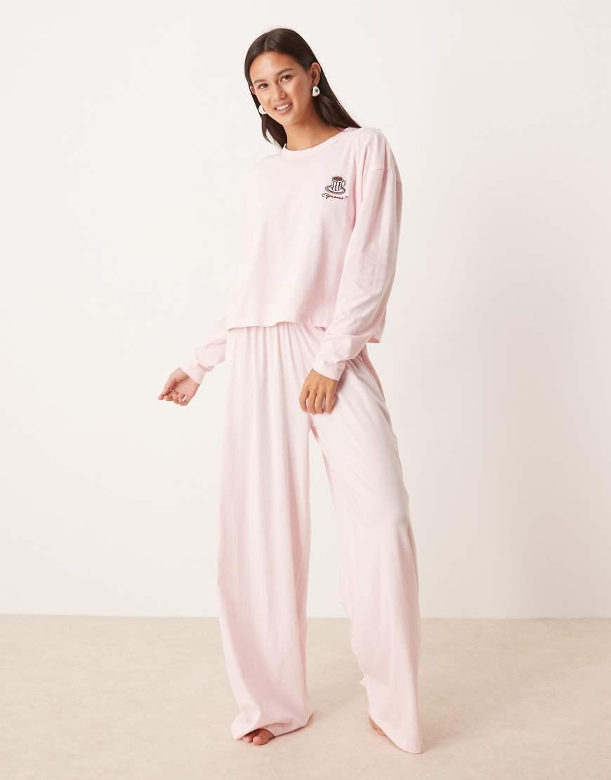 ASOS Long Sleeve Lounge Top And Wide Leg Trouser Pyjama Set With