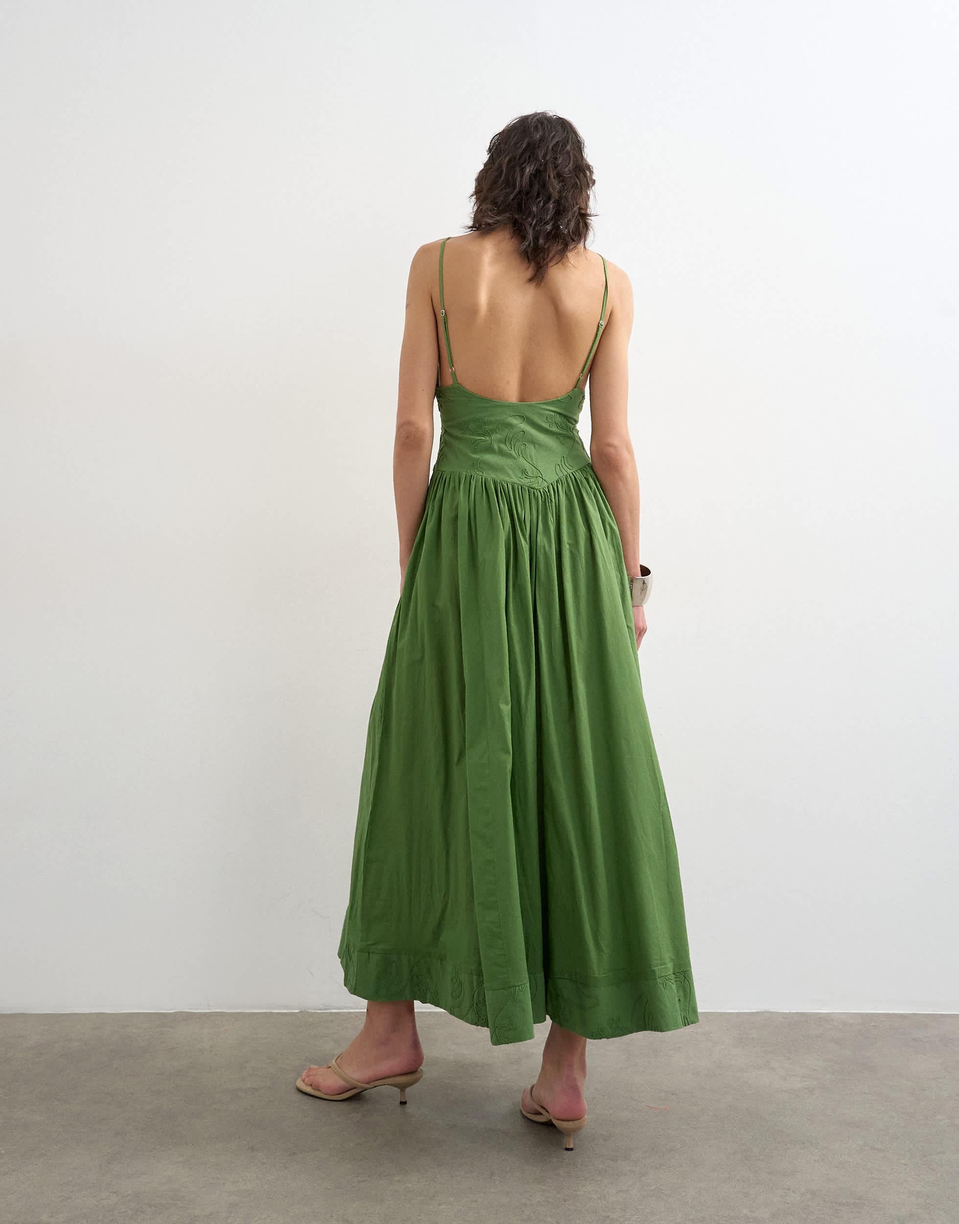 topshop green backless dress TOPSHOP Deep V Back Strappy Midi Sundress With Cording in Green