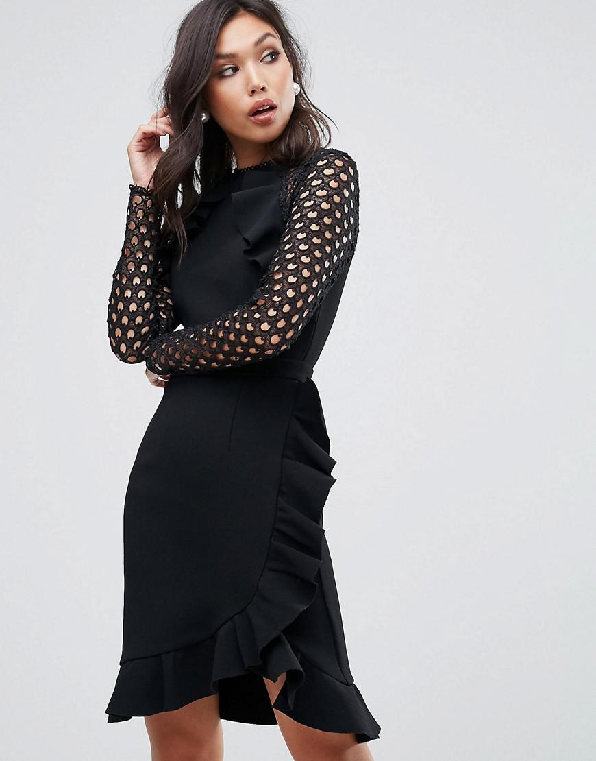 Lyst - True Decadence Wrap Front Dress With Lace Sleeve Detail in Black