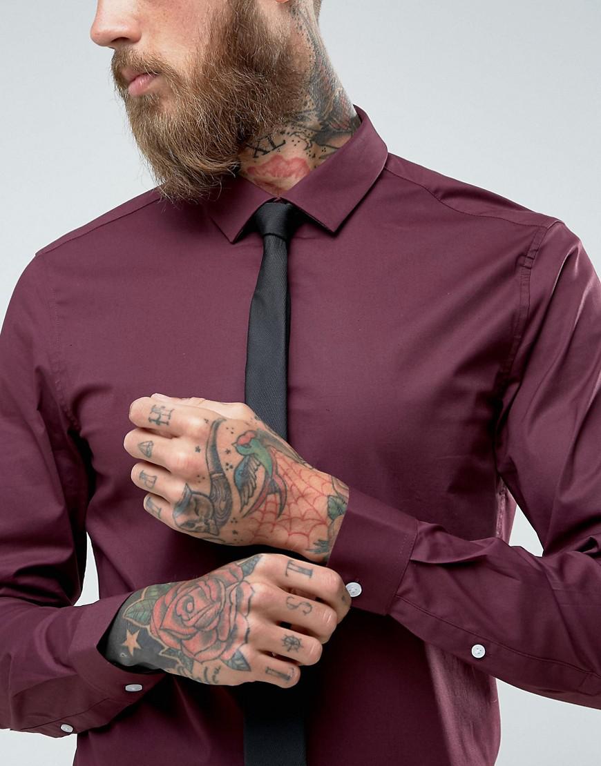 ASOS Cotton Slim Shirt In Burgundy With 