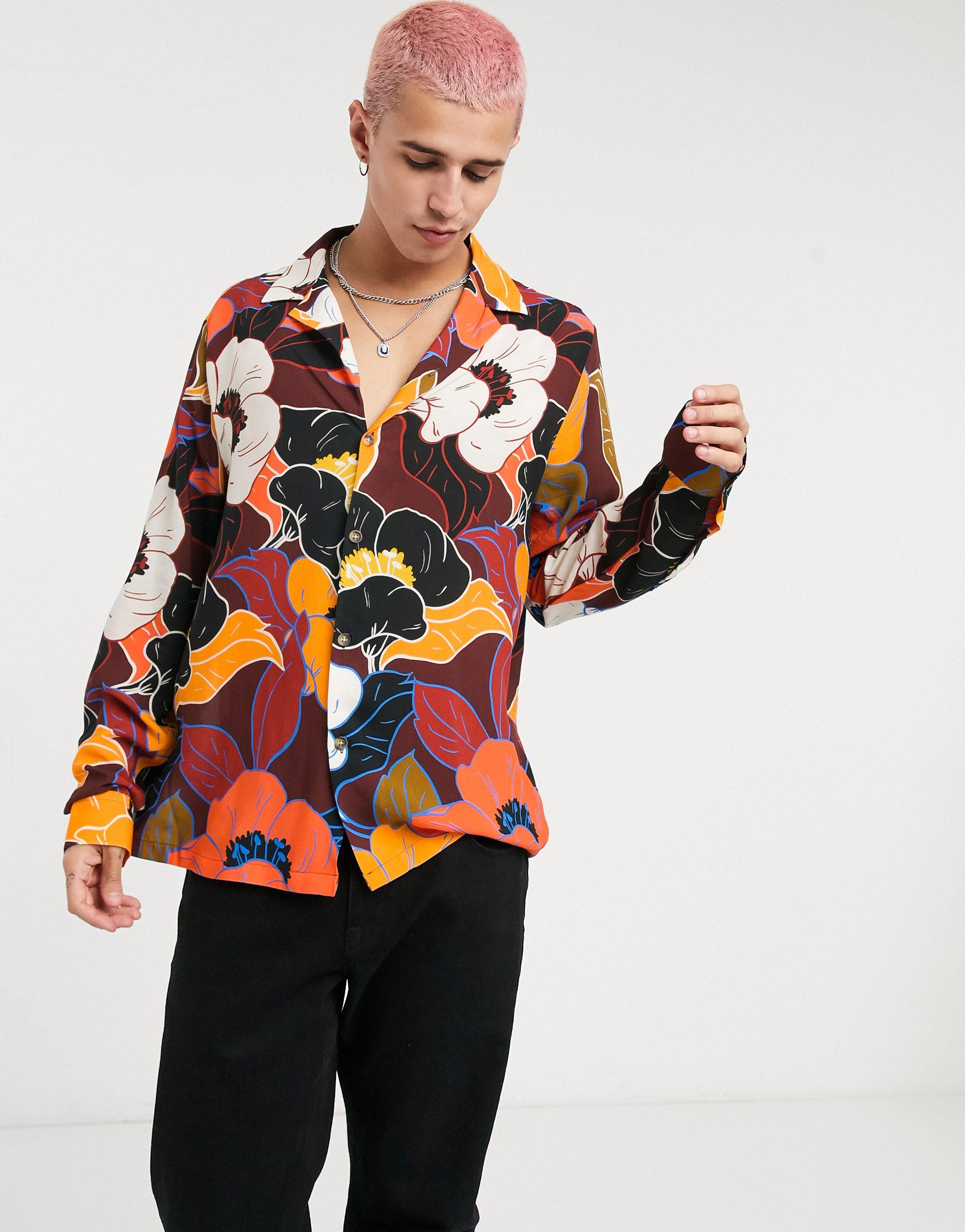 ASOS Relaxed Revere 70s Floral Print Shirt in Orange for Men | Lyst
