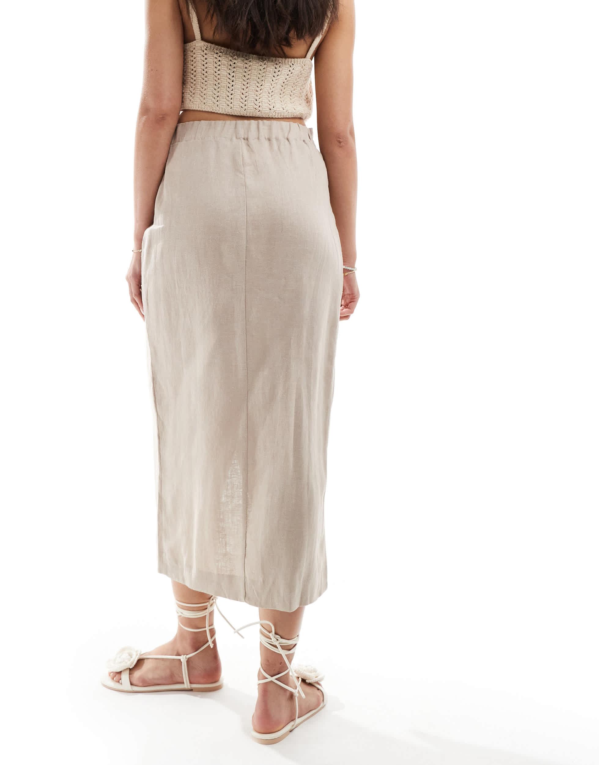 Jupe Midi Mango En Lin Taupe Beige - Taille 38 (M), Occasion Très Bon état