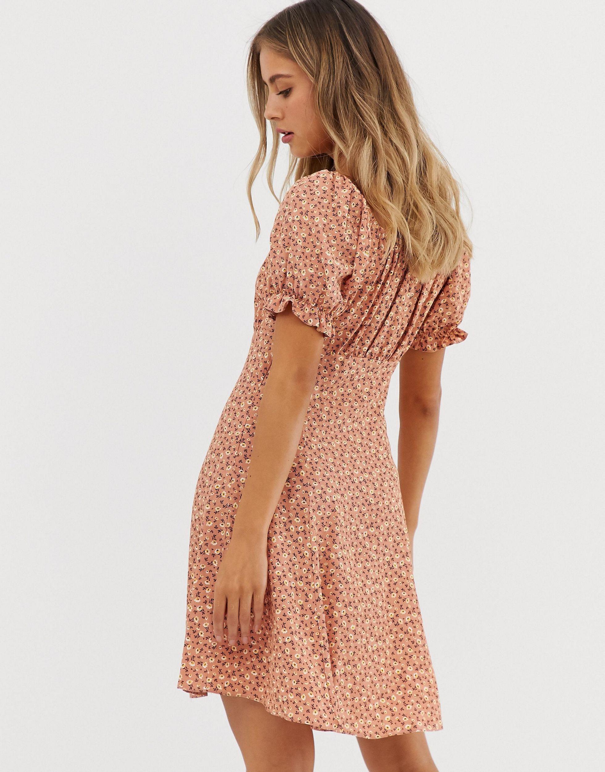 new look puff sleeve chiffon shirt dress in pink floral