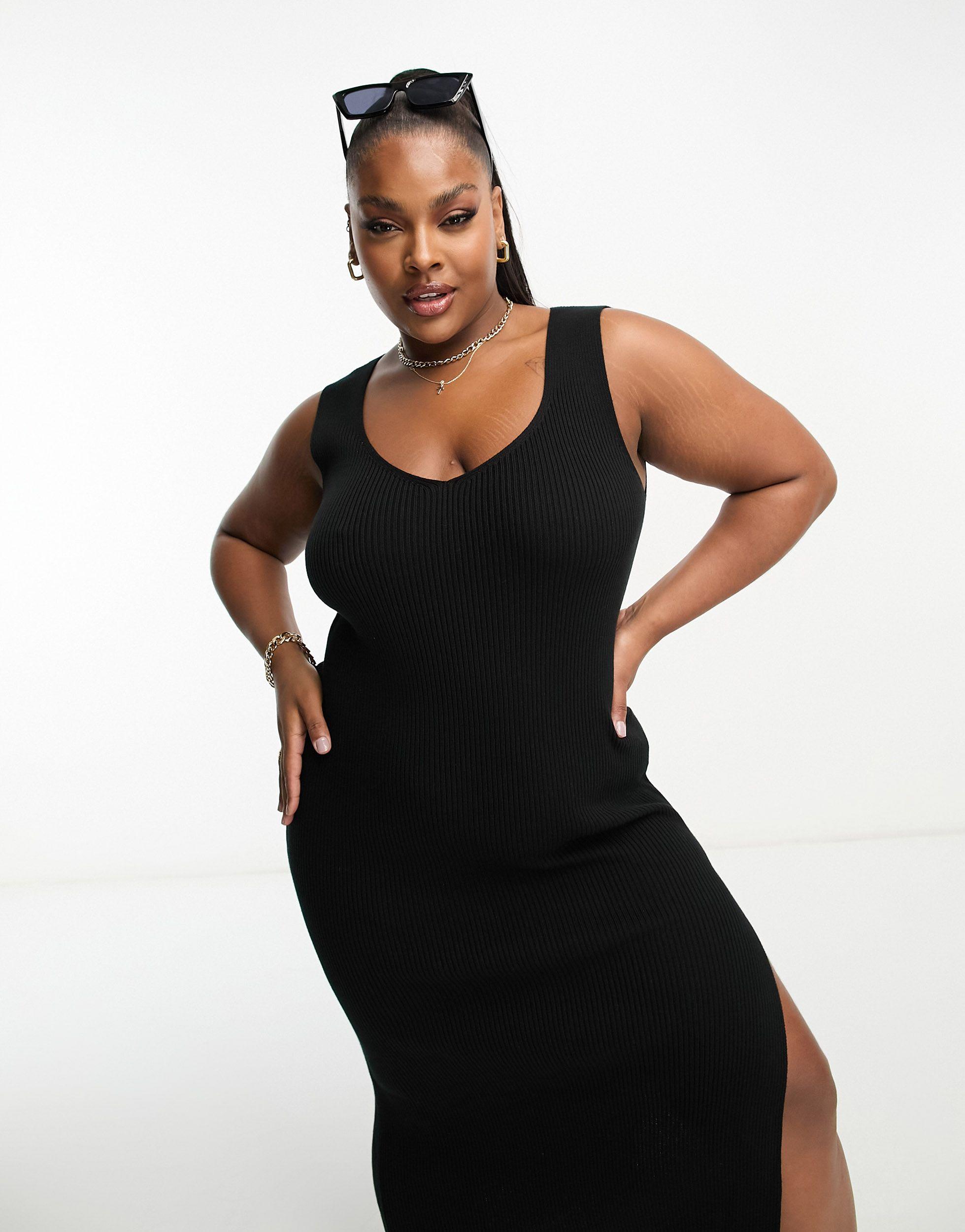 ASOS Asos Design Curve Knitted V Neck Midi Dress in Black | Lyst UK