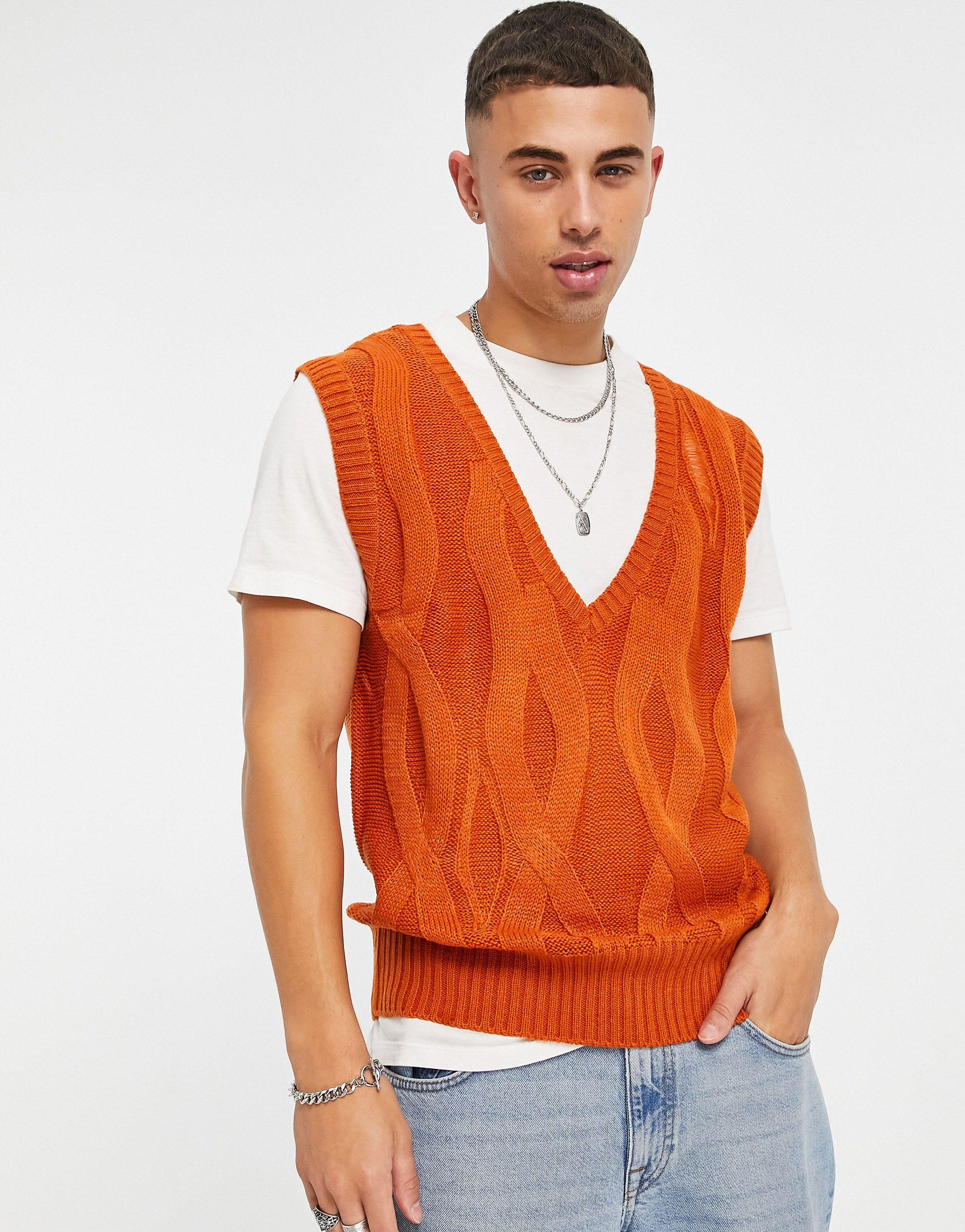 Another Influence Cable Knit Sweater Vest in Orange for Men | Lyst
