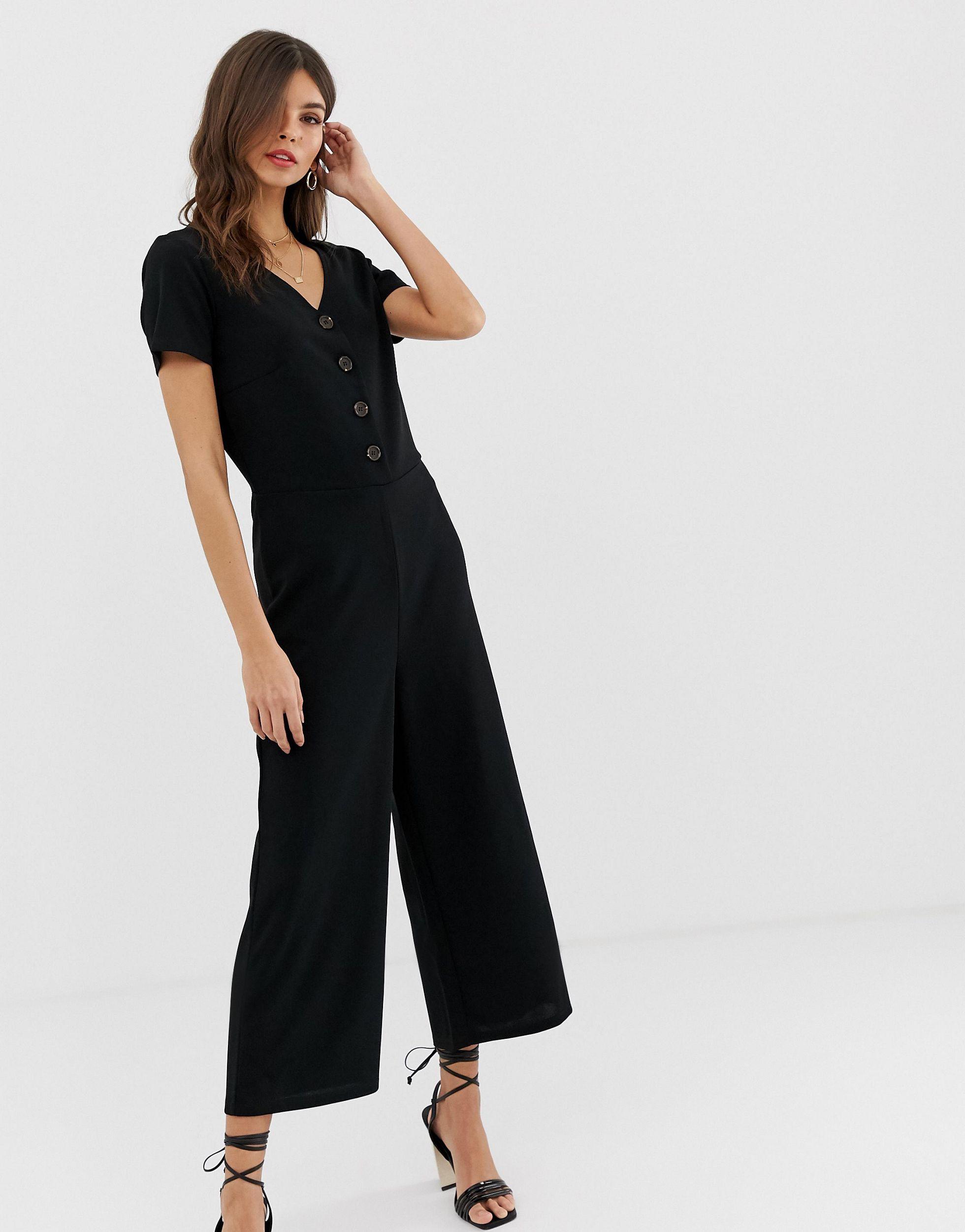 Vila Button Through Short Sleeve Jumpsuit-black | Lyst