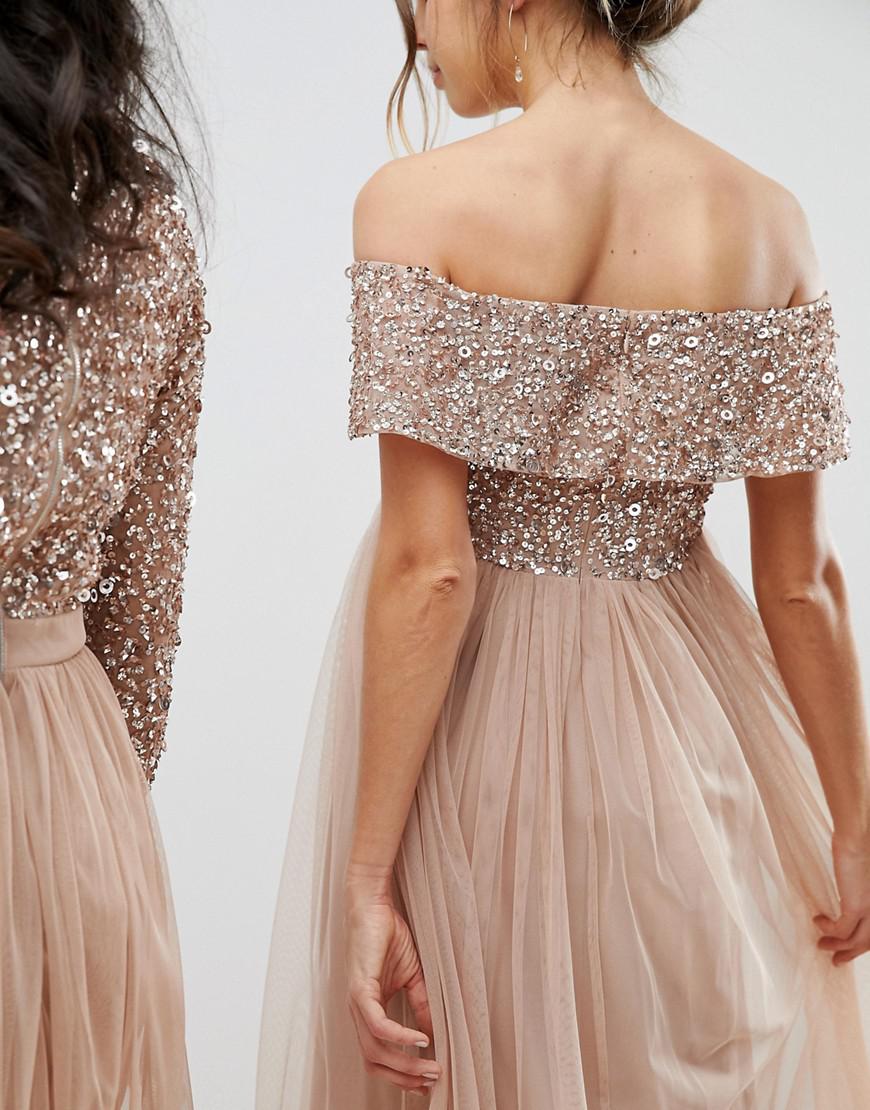 maya bardot sequin top tulle detail dress with high low hem