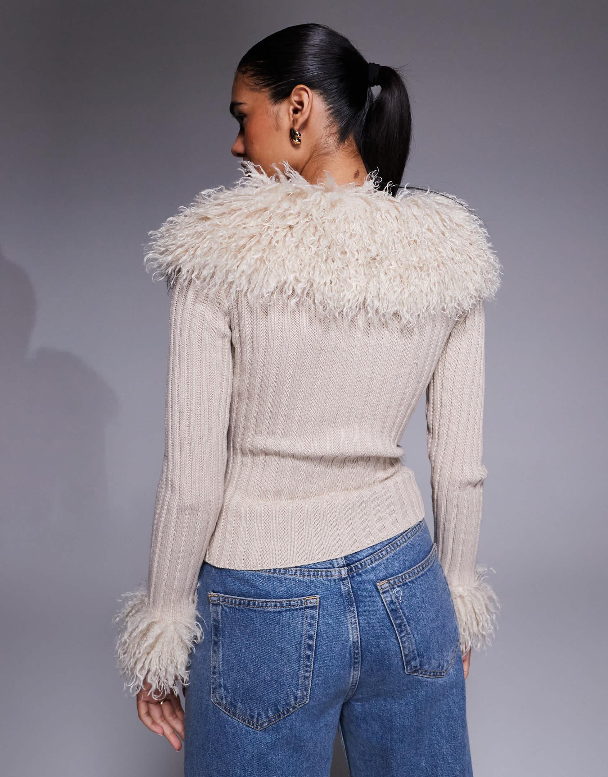 I.AM.GIA Cressida Compact Knit shaggy Faux Fur Trim Zip Through