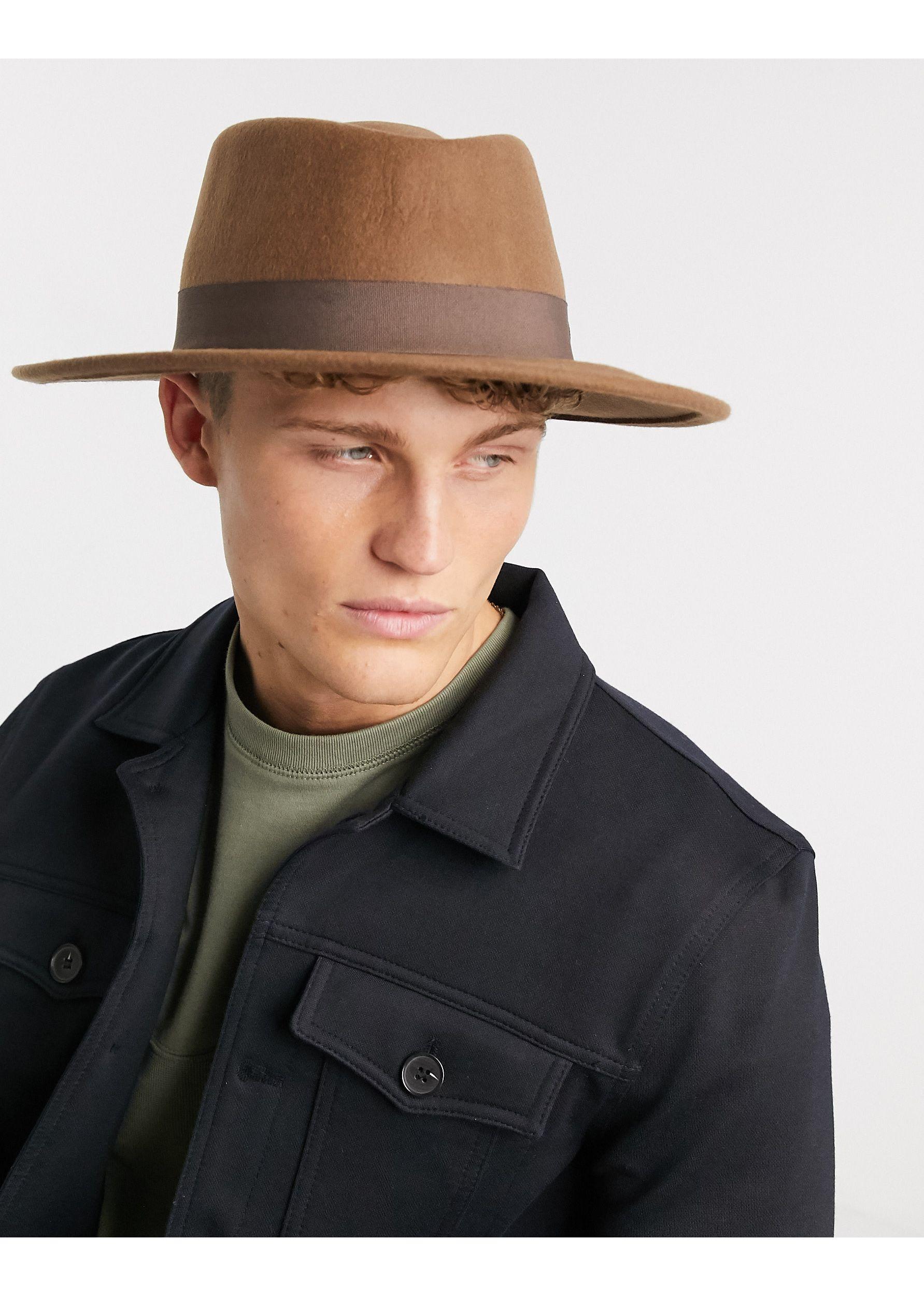 ASOS Wool Wide Brim Pork Pie Hat in Tan 