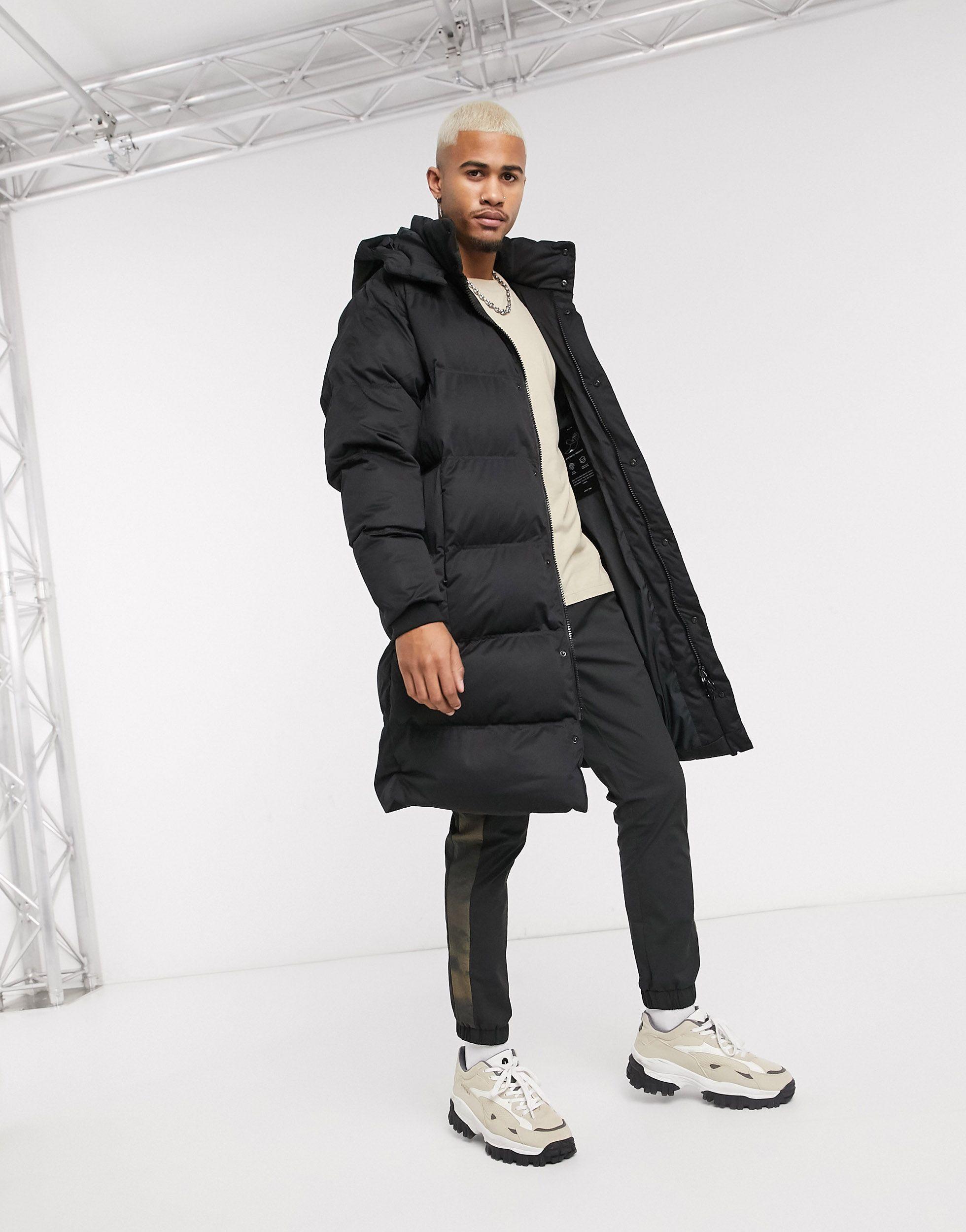 Pull&Bear Synthetic Longline Puffer Jacket in Black for Men | Lyst