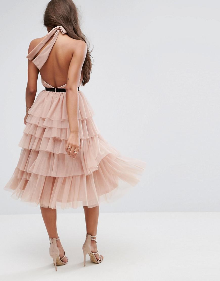 ASOS Premium High Neck Tiered Tulle Midi Prom Dress in Pink | Lyst