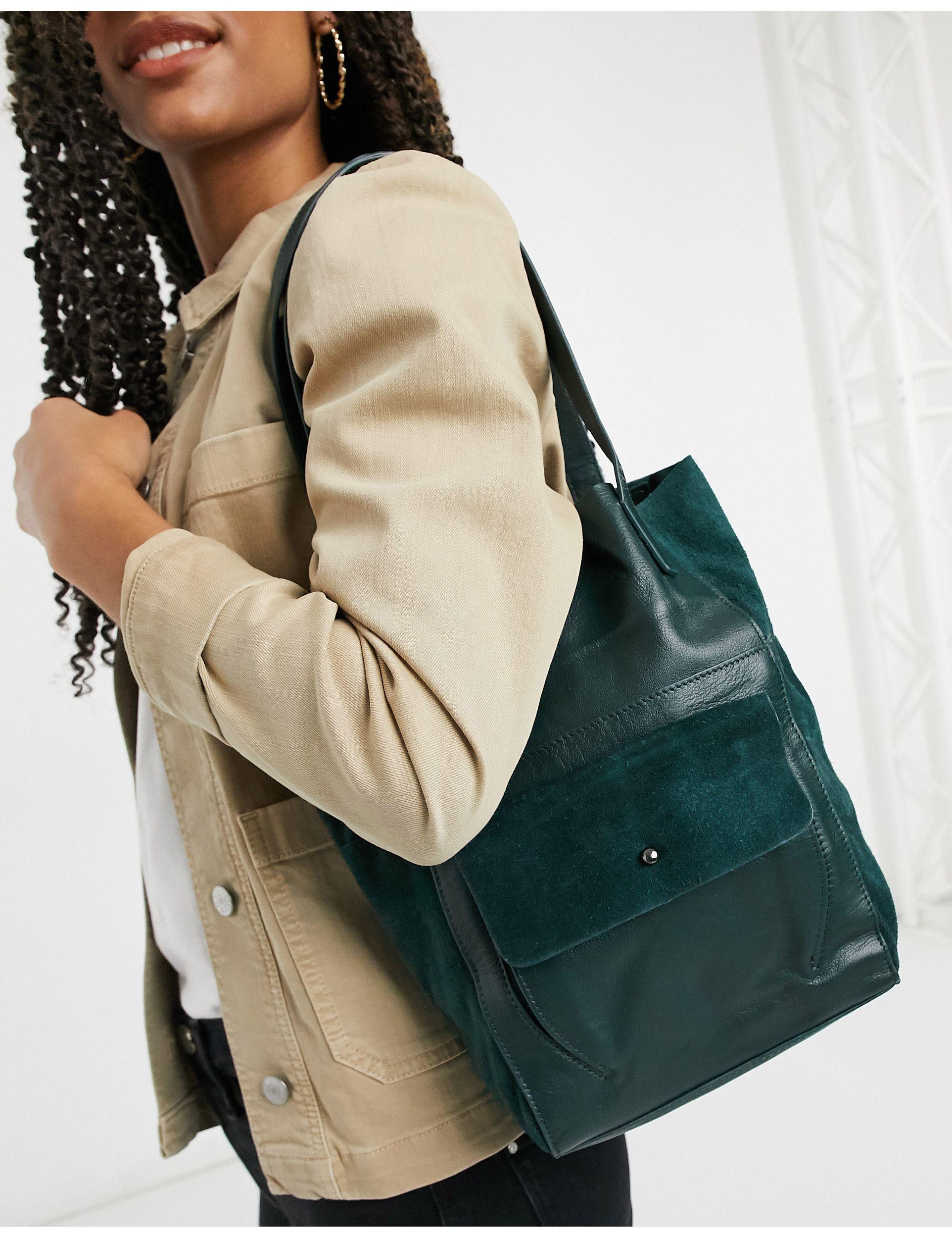 urbancode leather tote bolsa with suede pocket in black