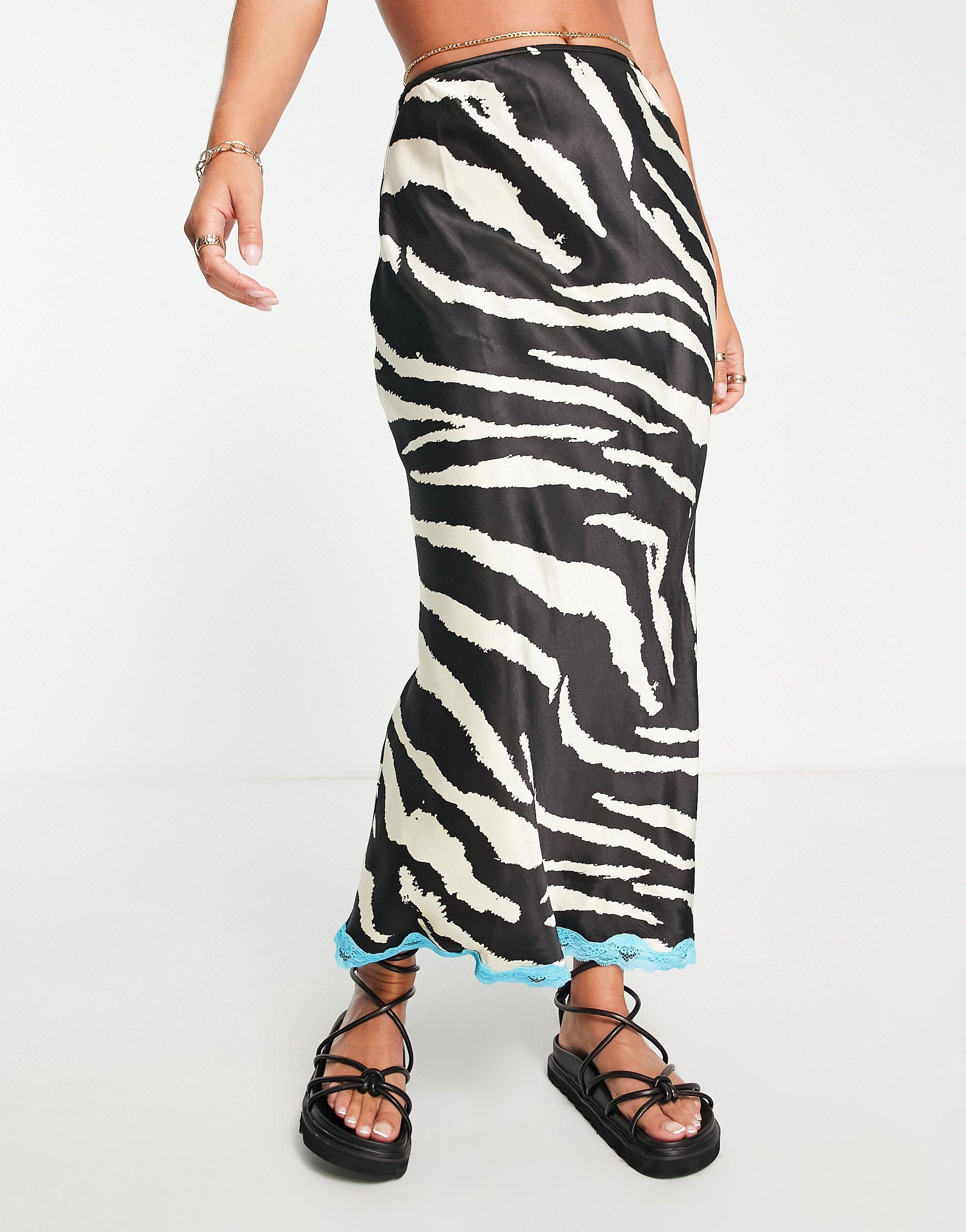 TOPSHOP Zebra Print Contrast Blue Lace Hem Bias Midi Skirt in White | Lyst