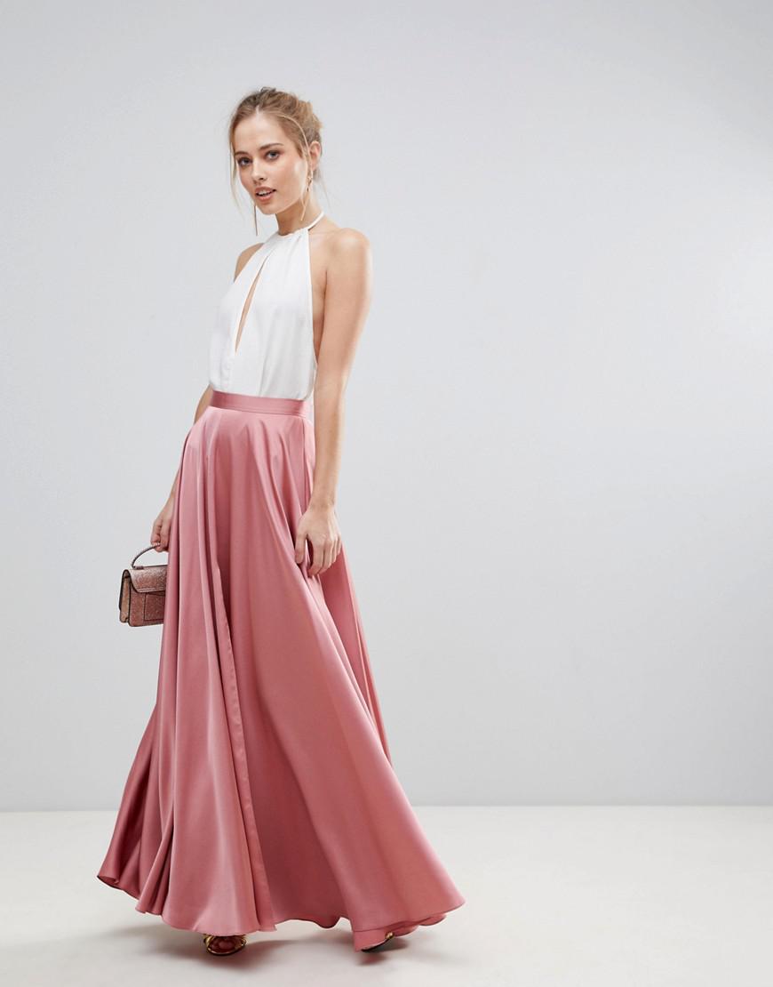 ASOS Asos Satin Maxi Skirt With Center Front Split in Pink | Lyst