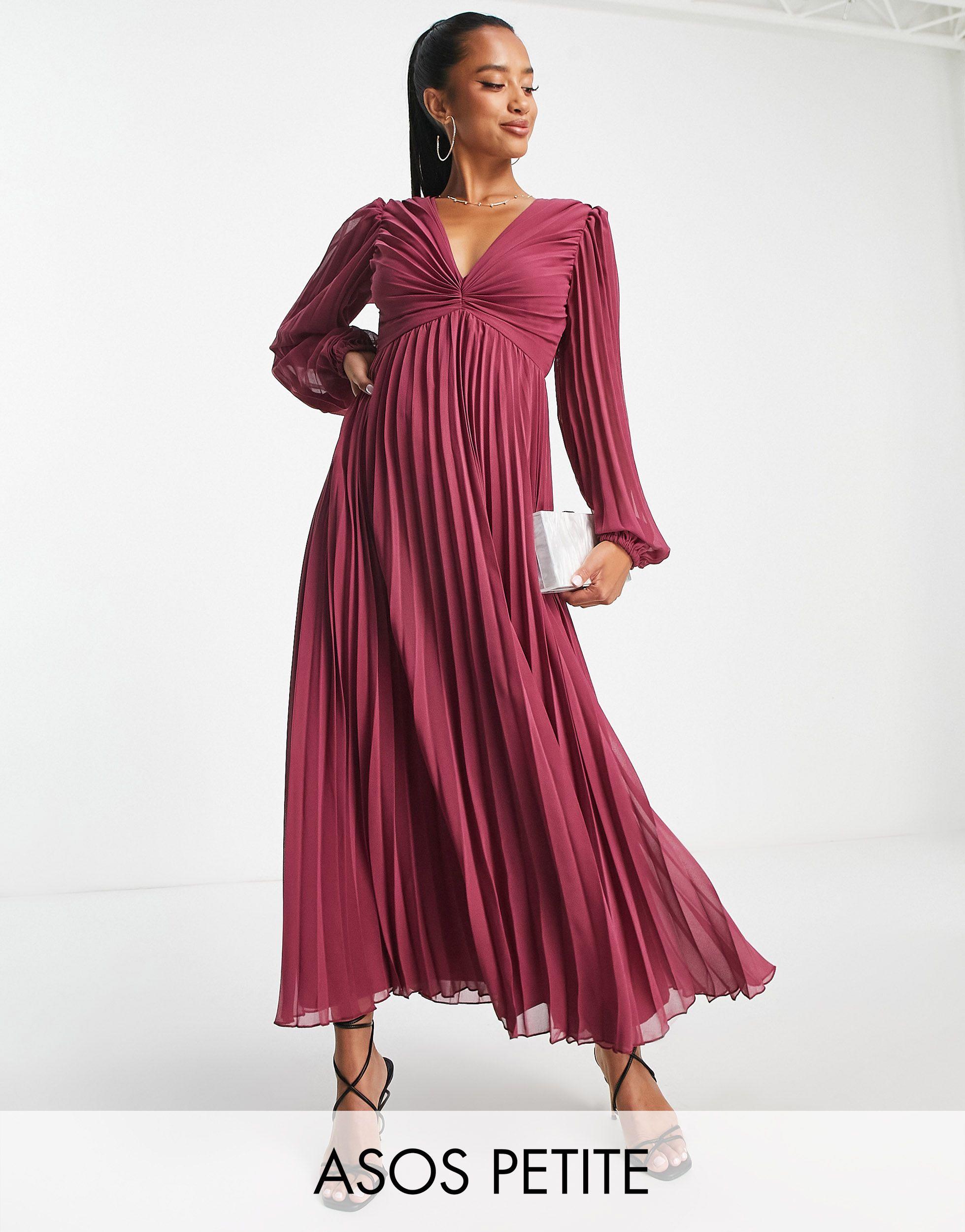 ASOS Asos Design Petite Pleated Bodice Plunge Neck Midi Dress in Red | Lyst  UK