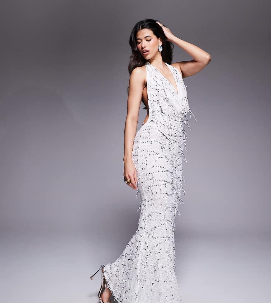 strapless open back dress Ashley Cowl Neck Lace And Satin Maxi Dress - Ivory main image 1
