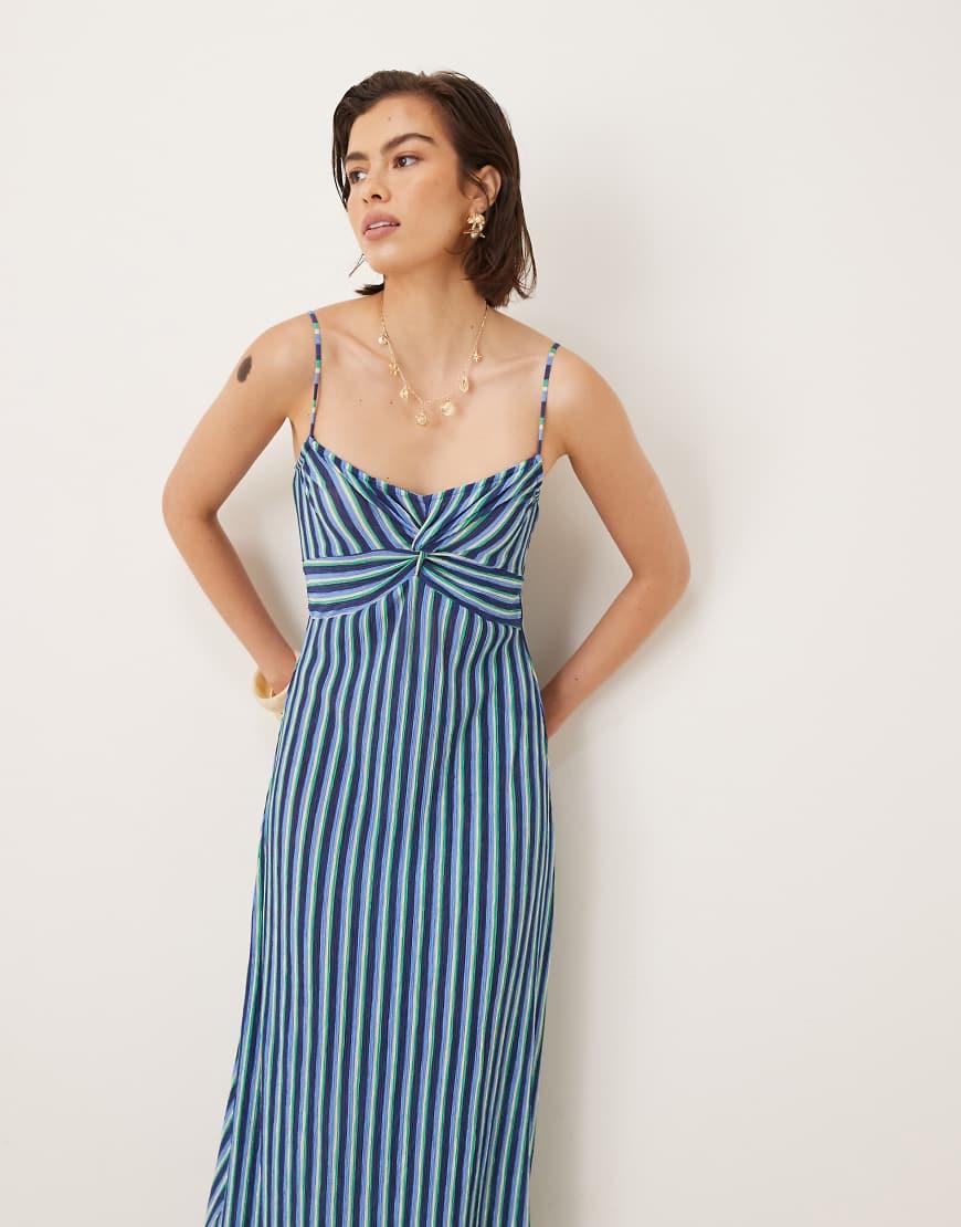 Vestido Midi De Tirantes Con Estampado Dividido De Rayas De de