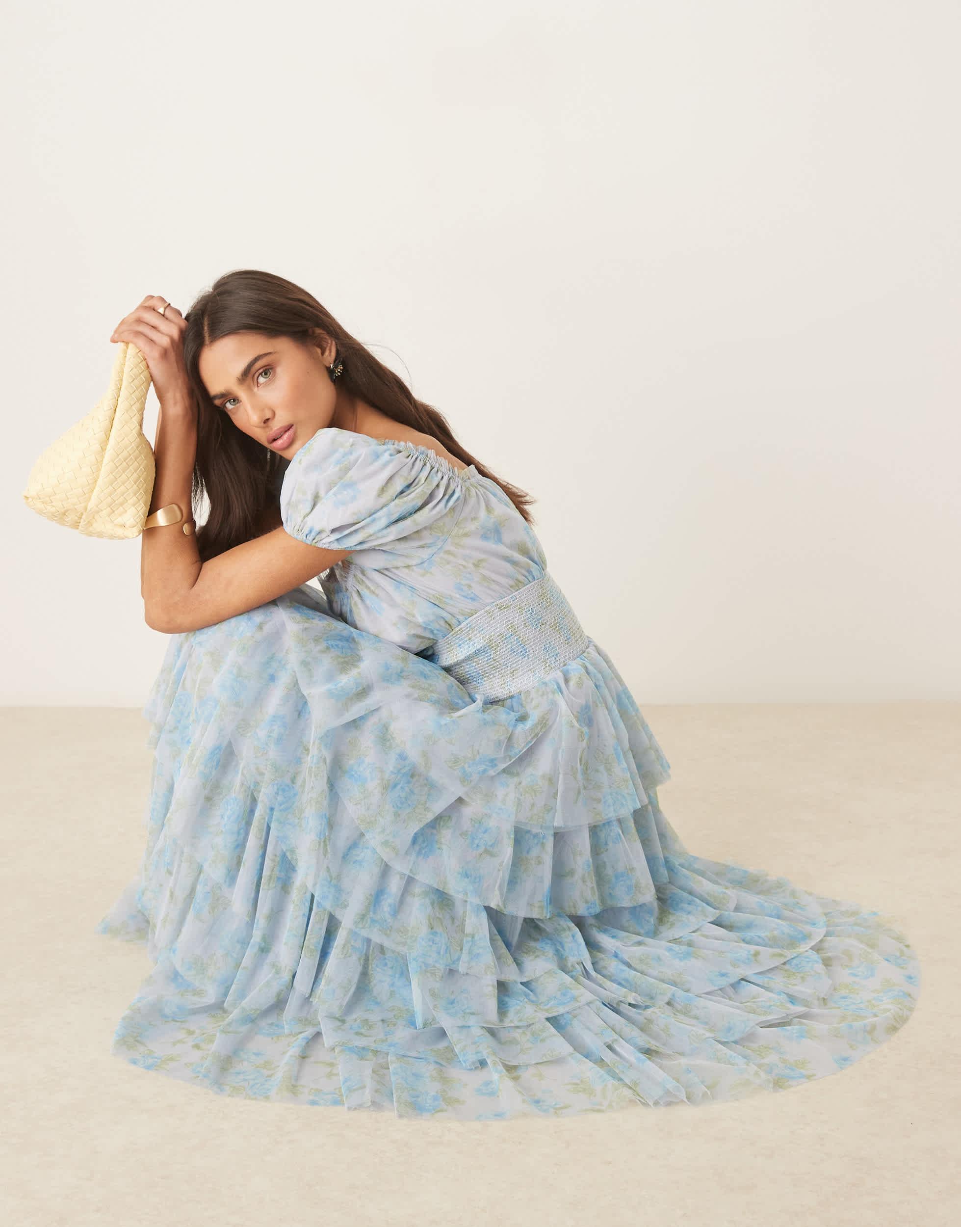 Amy Jane London Arabella Corset Waist Tiered Maxi Dress in Blue