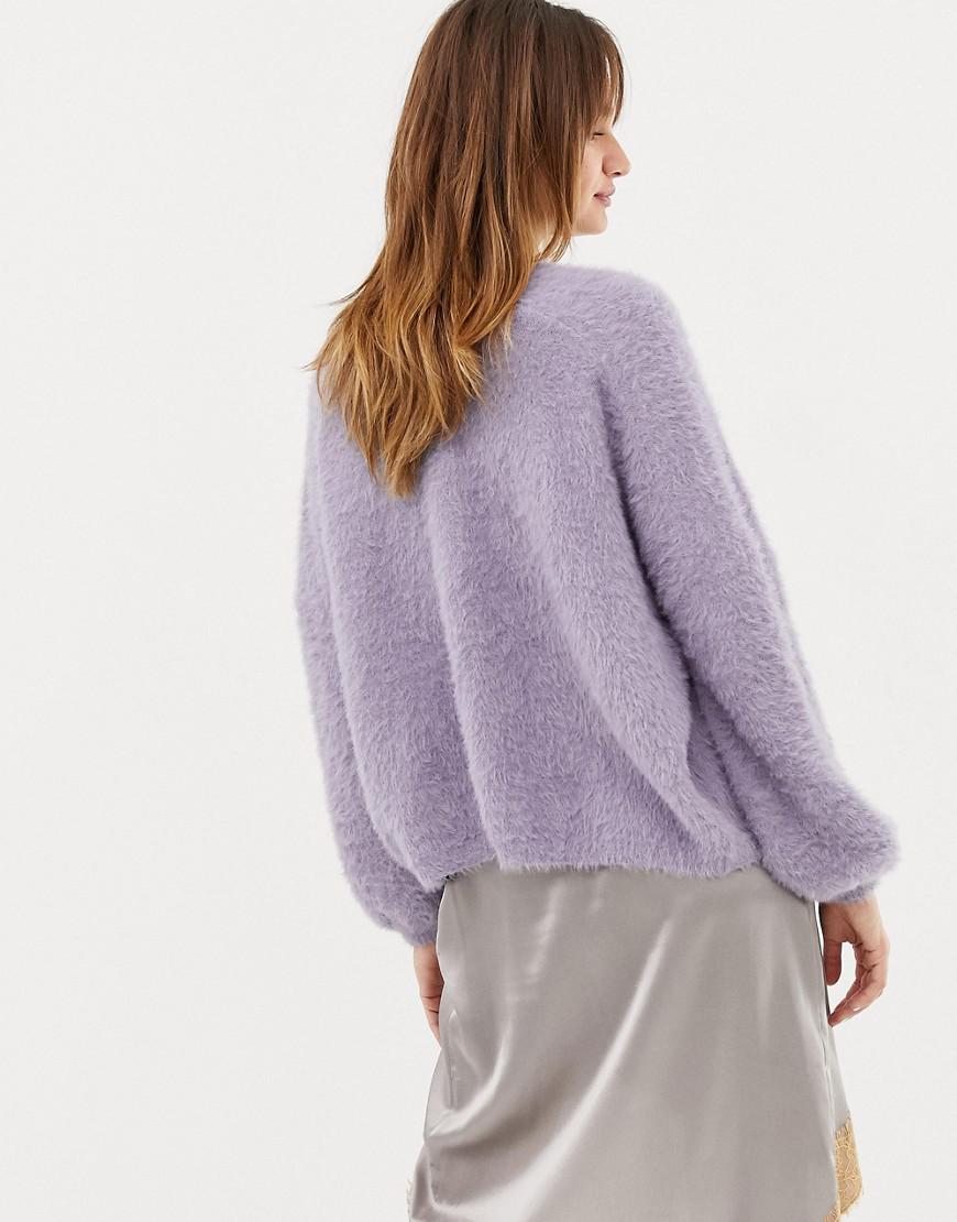 purple fluffy cardigan