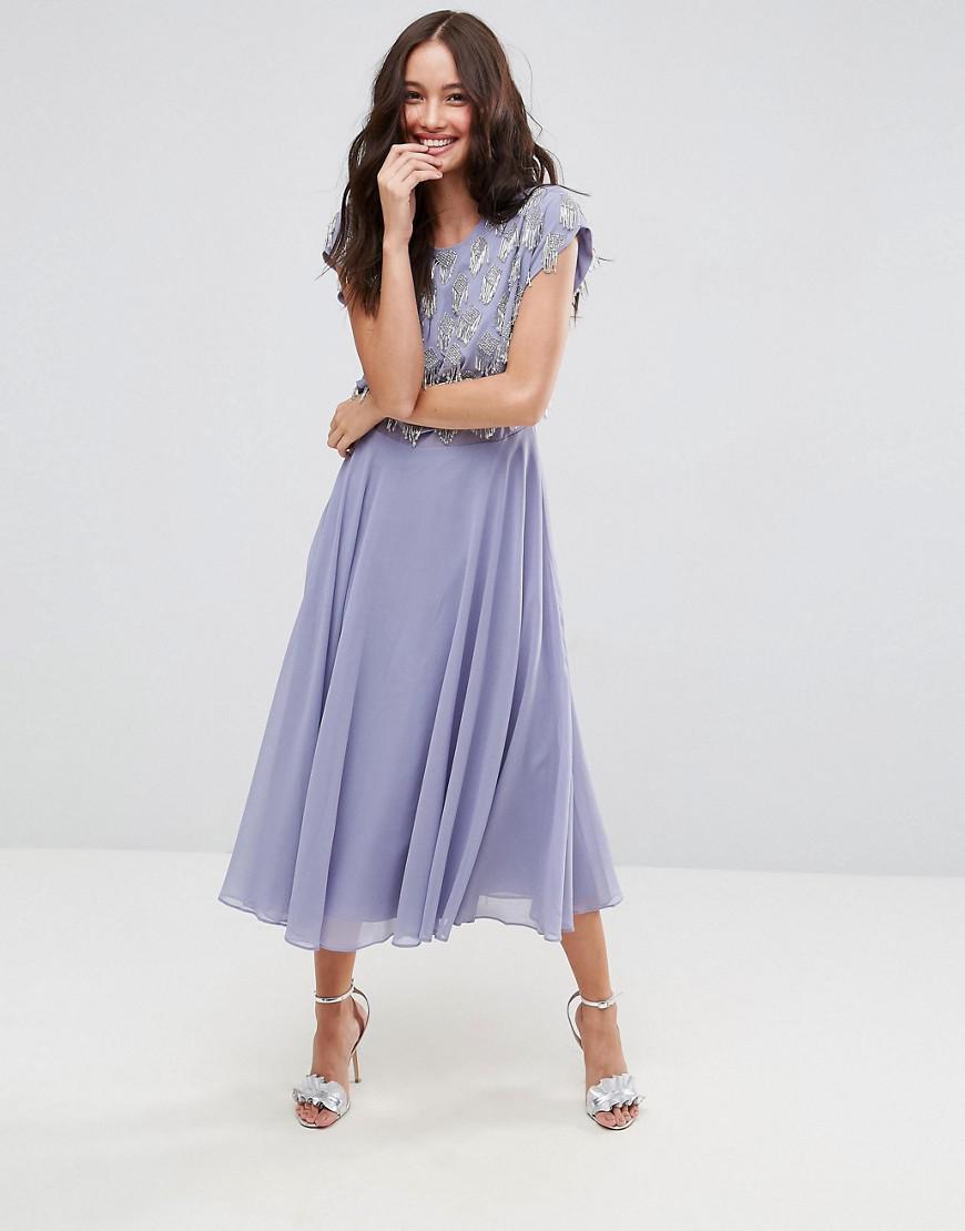 ASOS Chiffon Fringe Embellished Crop Top Midi Skater Dress