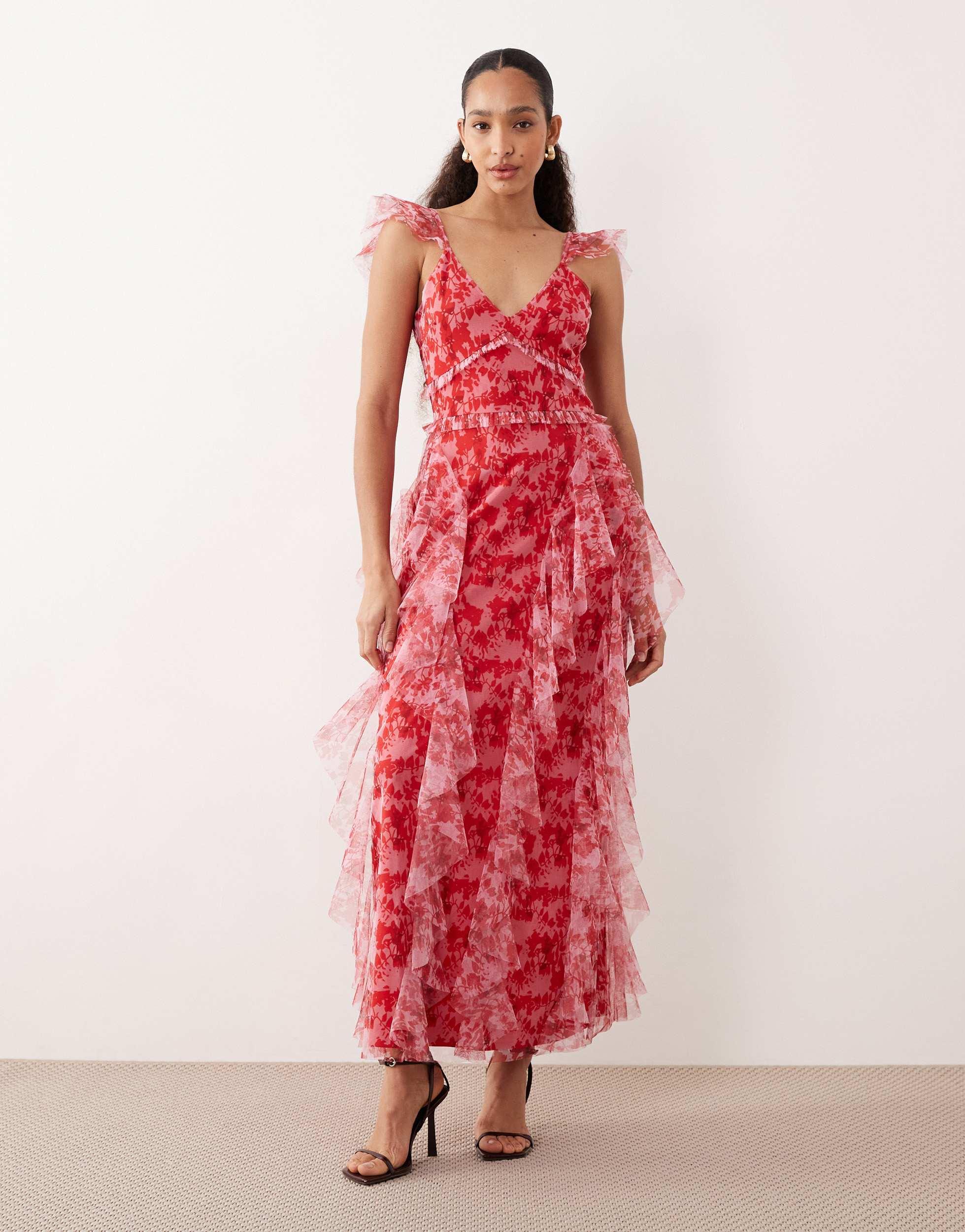 lace and beads red tulle dress Ball Gown V Neck Sleeveless Court Train Red Lace Tulle Prom Dress, Beading