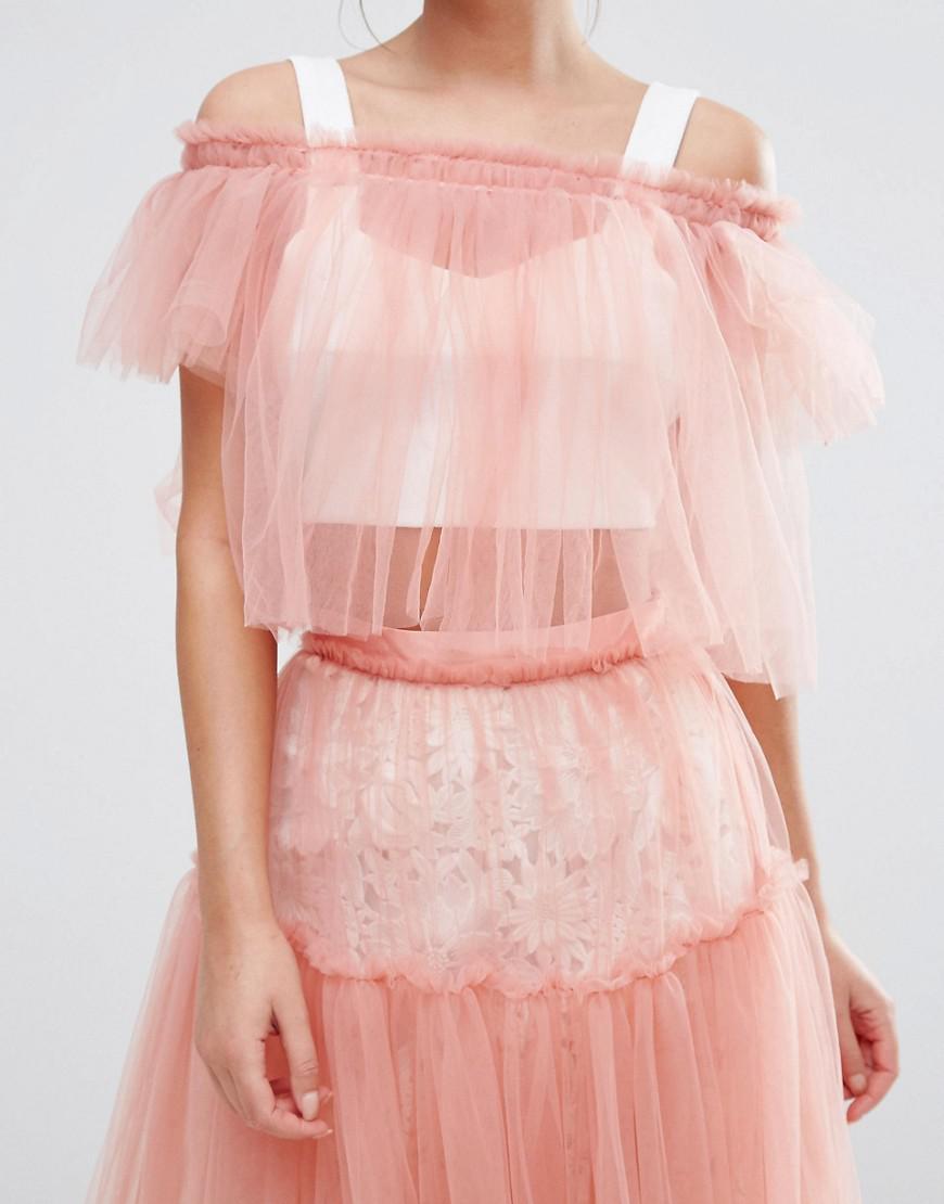 True Decadence Bardot Tulle Crop Top in Pink - Lyst