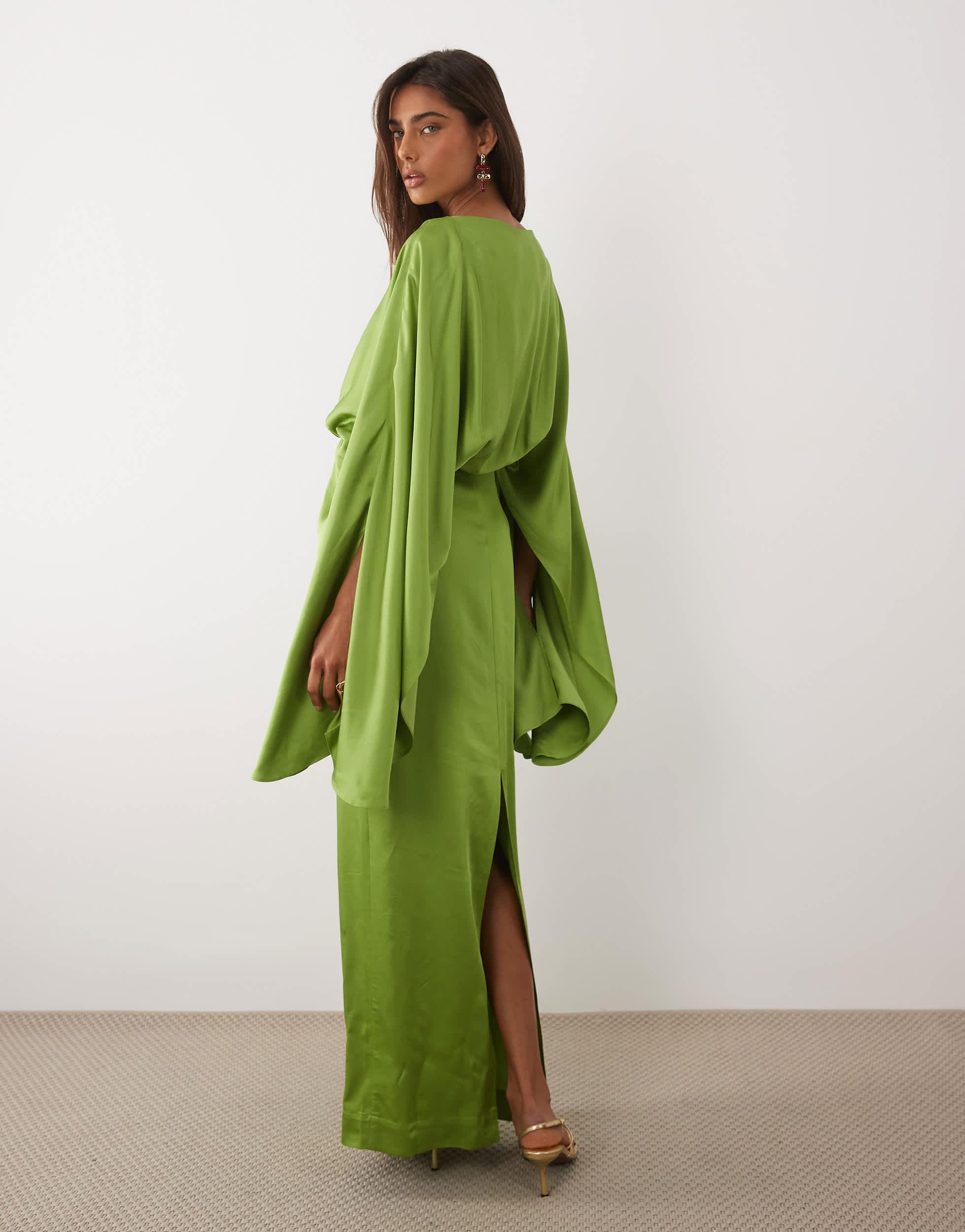 mango green dress Mango Drape Detail Satin Half Sleeve Maxi Dress in Green