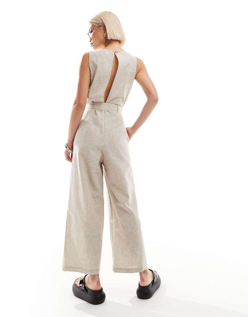 sleeveless linen blend tie belt wide leg jumpsuit for women