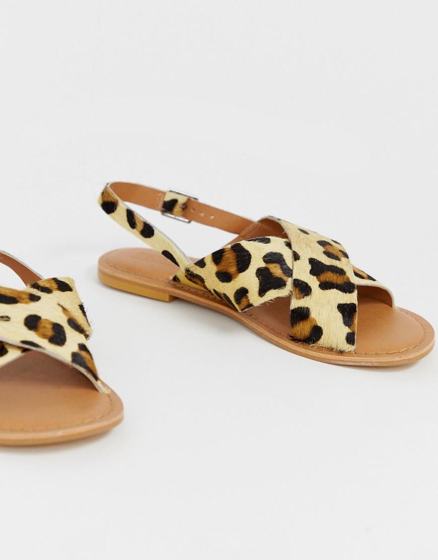 ASOS Wide Fit Valid Leather Cross Strap Flat Sandals In Leopard - Lyst