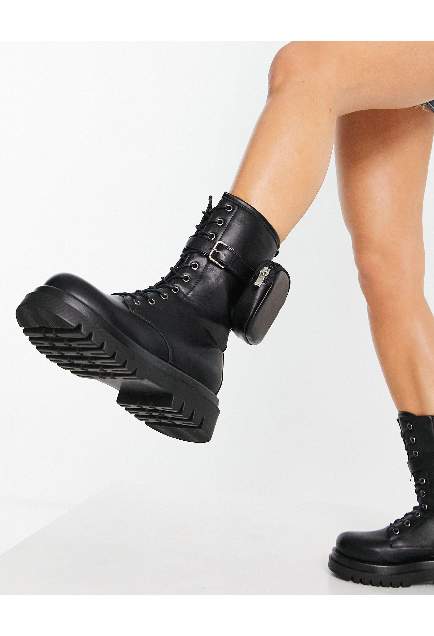truffle collection wide fit chunky lace up boots in black