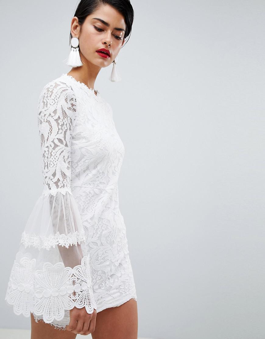 Missguided High Neck Bell Sleeve Lace Dress in White