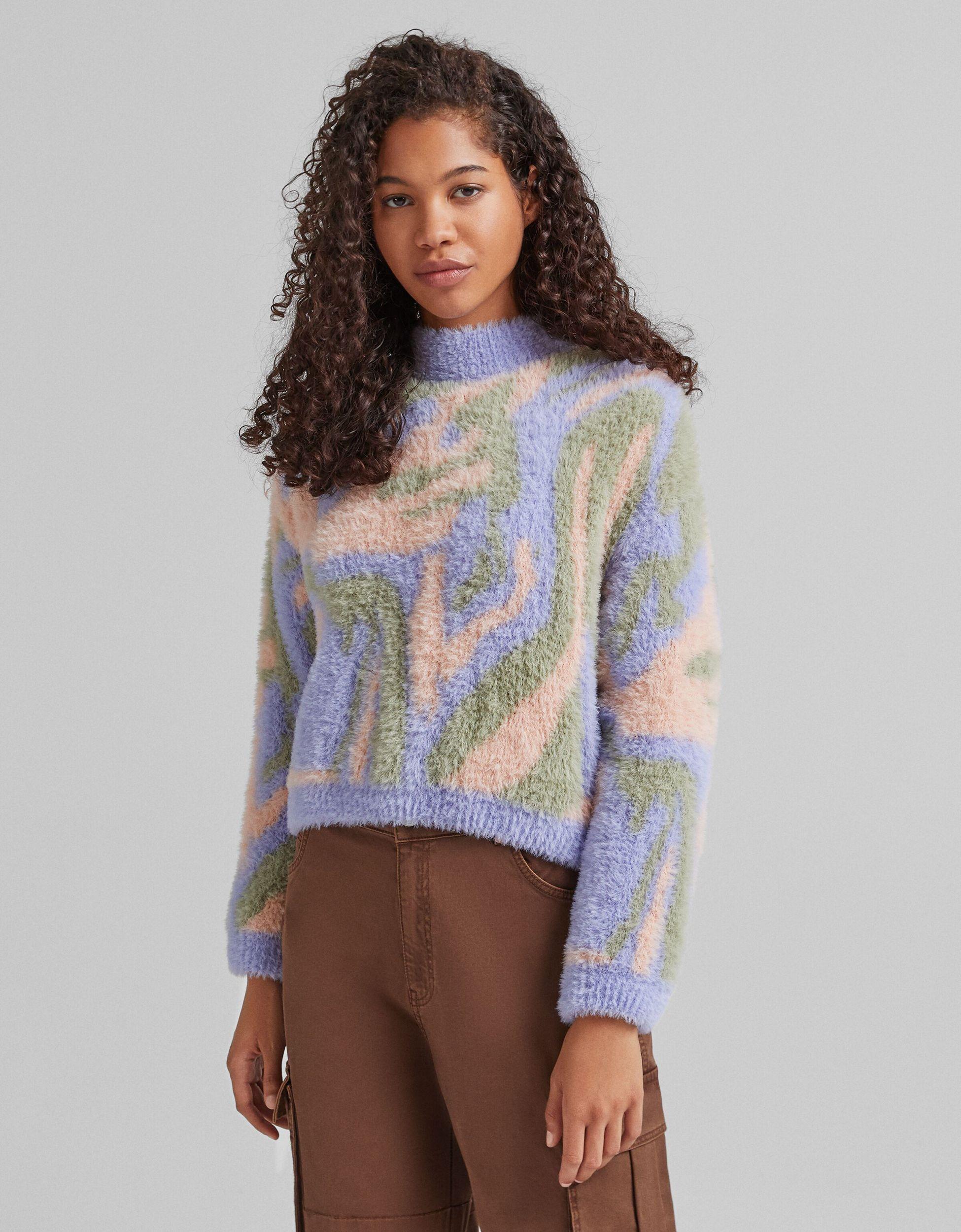 Bershka Retro Print Fluffy Sweater - Lyst