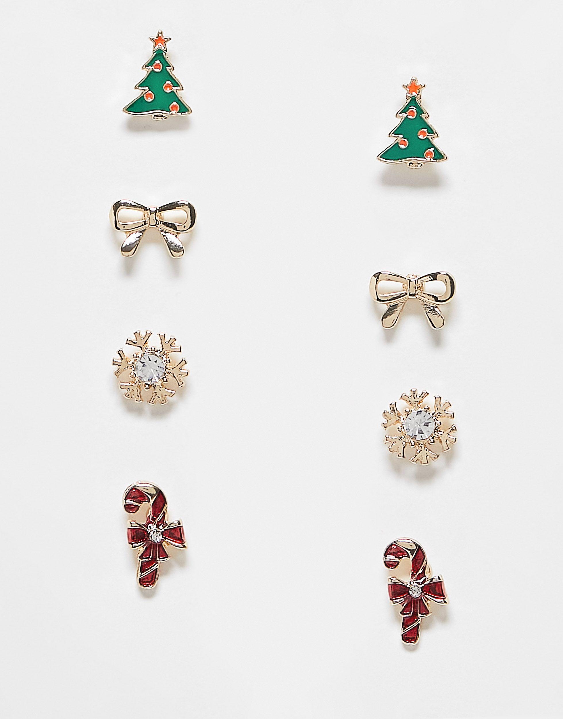 ASOS Christmas Pack Of 4 Novelty Earrings With Tree And Candy Cane