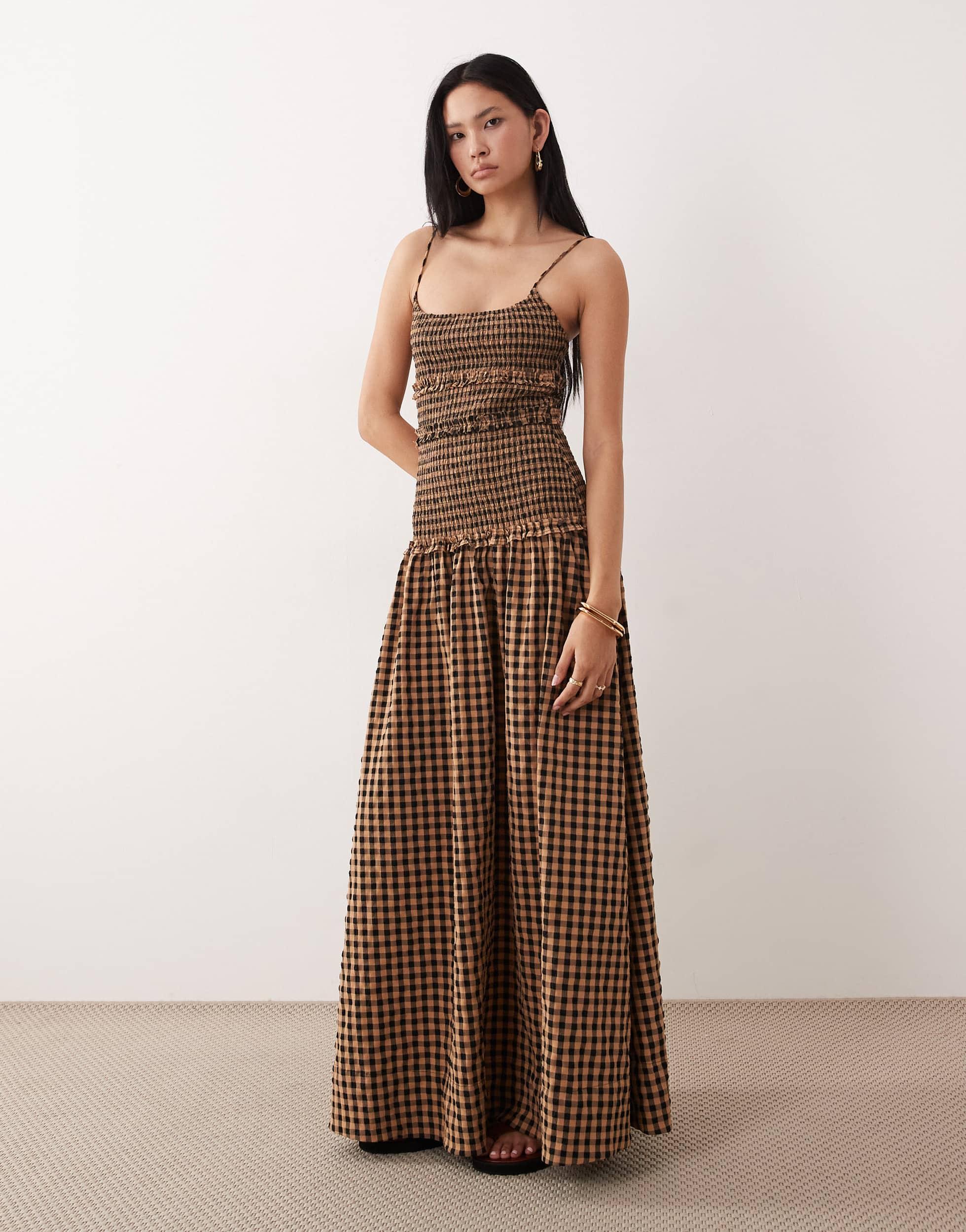 brown gingham dress asos ASOS DESIGN wrap maxi dress in brown blurred gingham