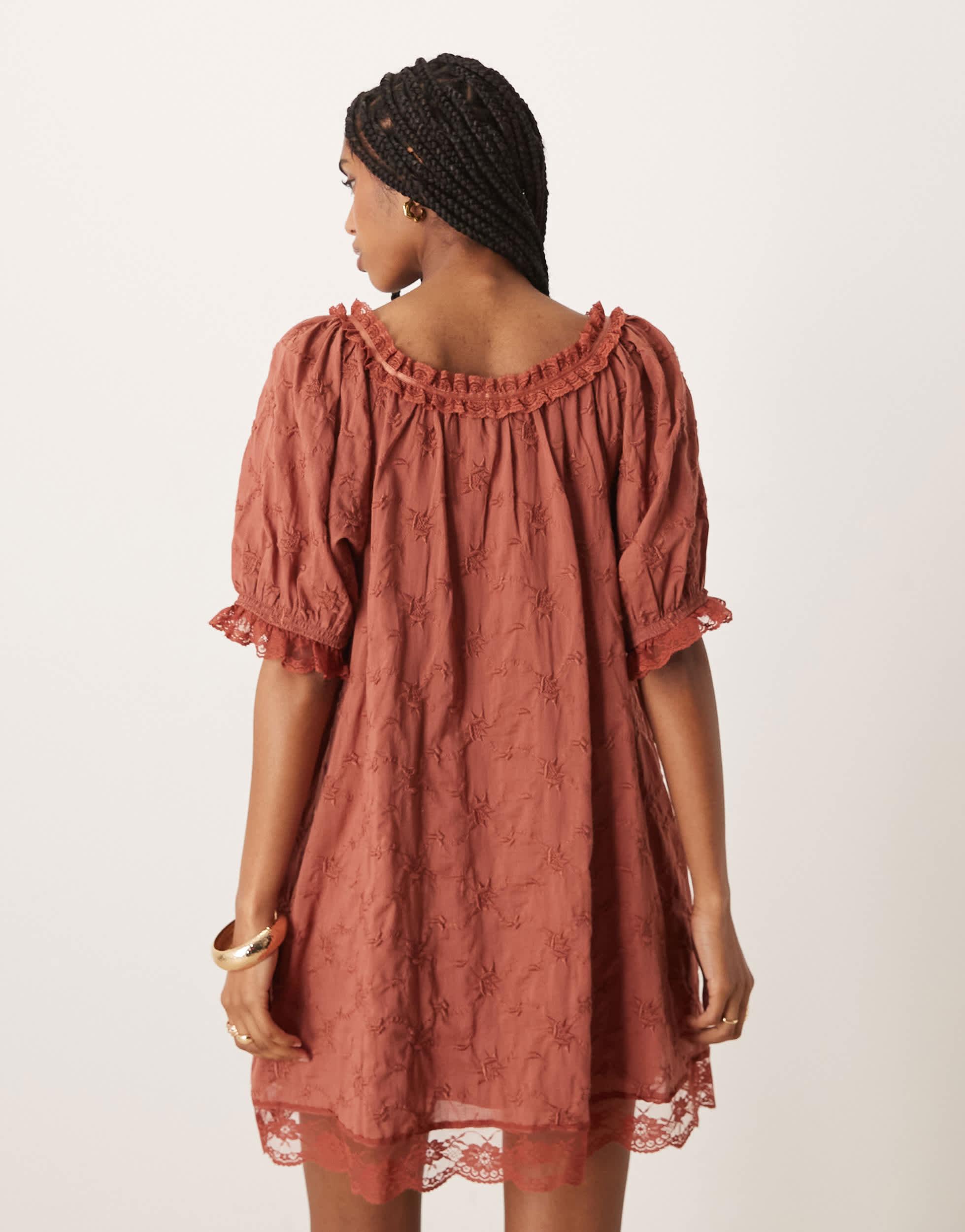 Free People Juno Mini Lace Babydoll Dress in Brown | Lyst