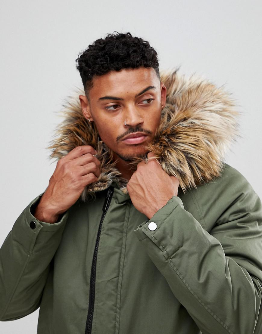 River Island Parka Jacket With Faux Fur Lining In Khaki in Green for Men |  Lyst