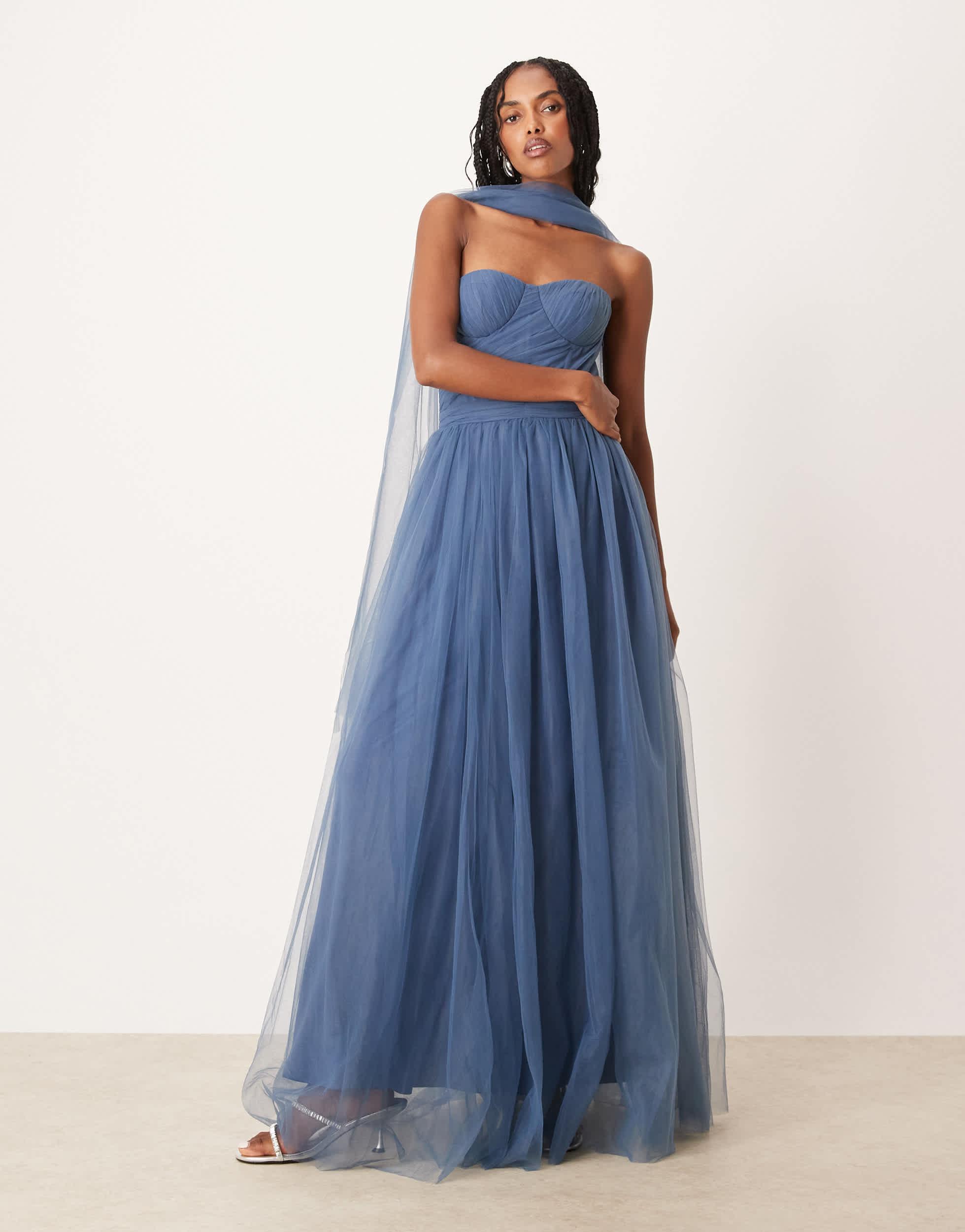 LACE & BEADS Scarf Neck Corset Tulle Maxi Dress in Blue