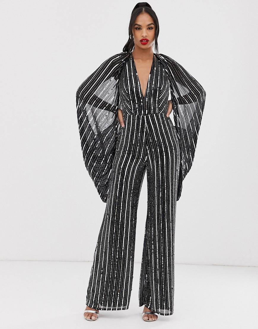 ASOS Synthetic Cape Sleeve Jumpsuit In Sequin Stripe in Black - Lyst