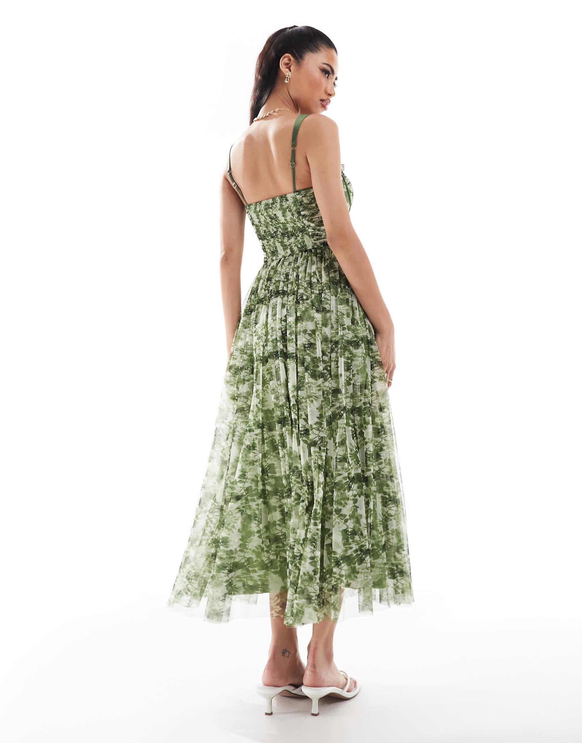 Metisu Fashion Metisu Green Lace Dress Lace Beads Corset Tulle Midi Dress  In Olive Green Floral