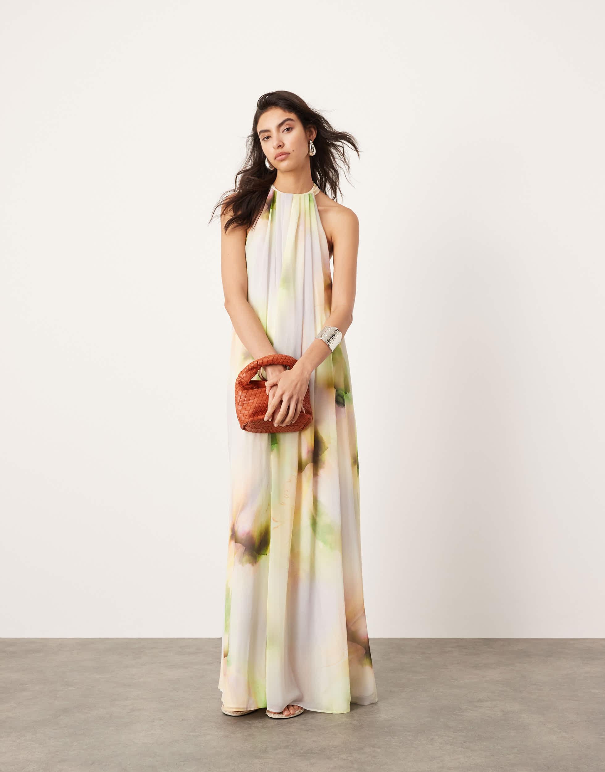 ASOS Chiffon Halterneck Trapeze Maxi Dress in Natural | Lyst
