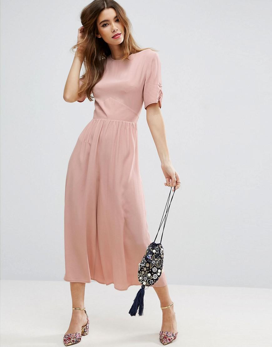 asos design tea jumpsuit with ruched sleeve detail