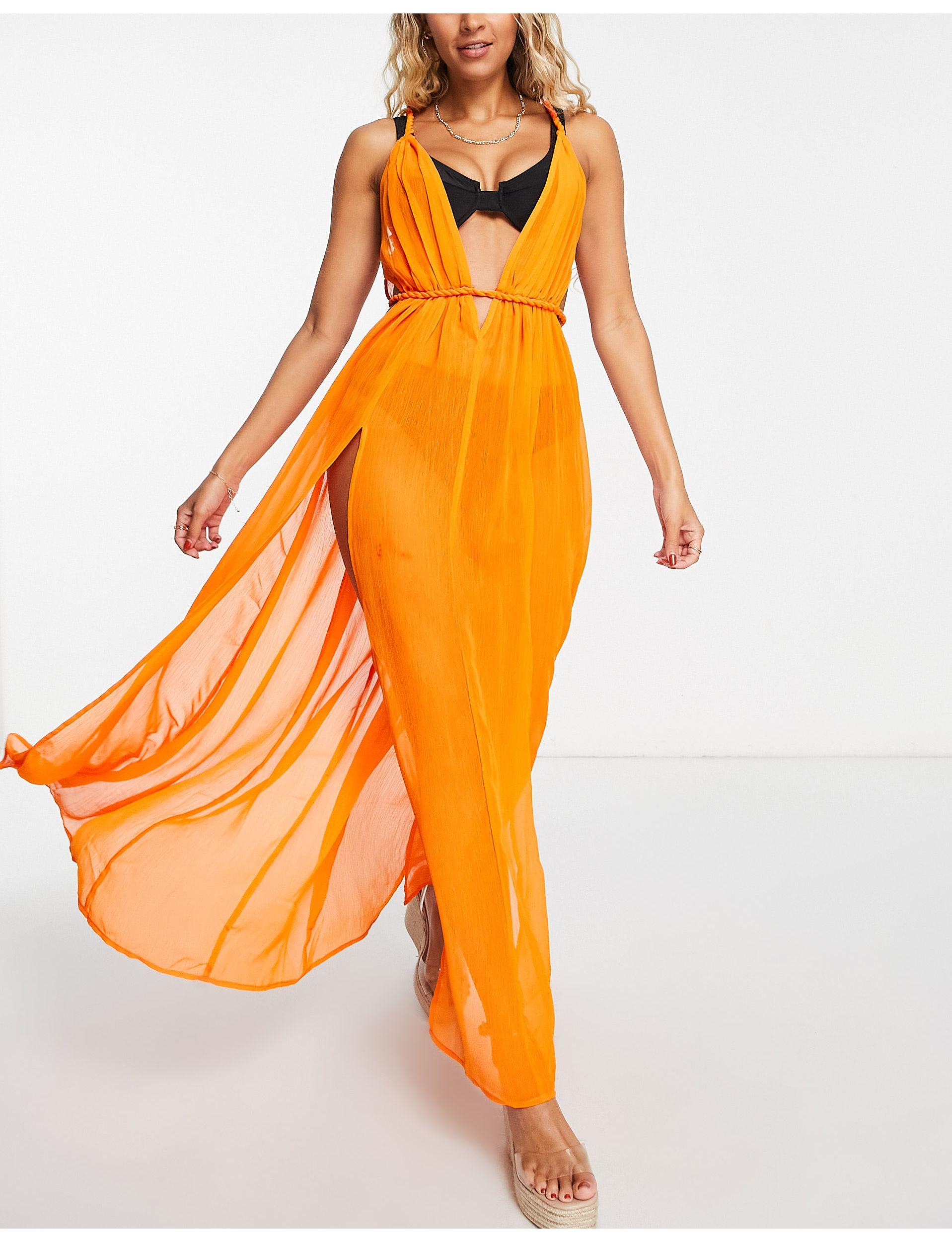 ASOS Plunge Sheer Maxi Beach Dress in Orange Lyst