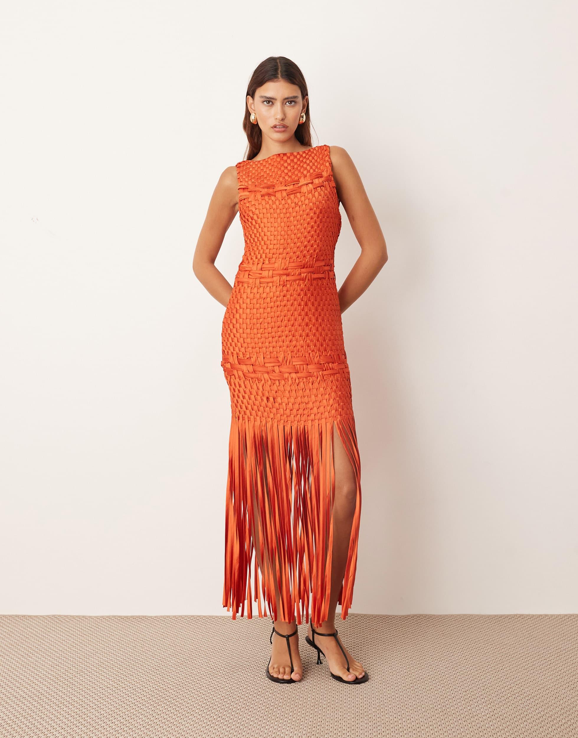 burnt orange fringe dress Burnt Orange Tall Embellished Fringe Strappy Woven Maxi Dress