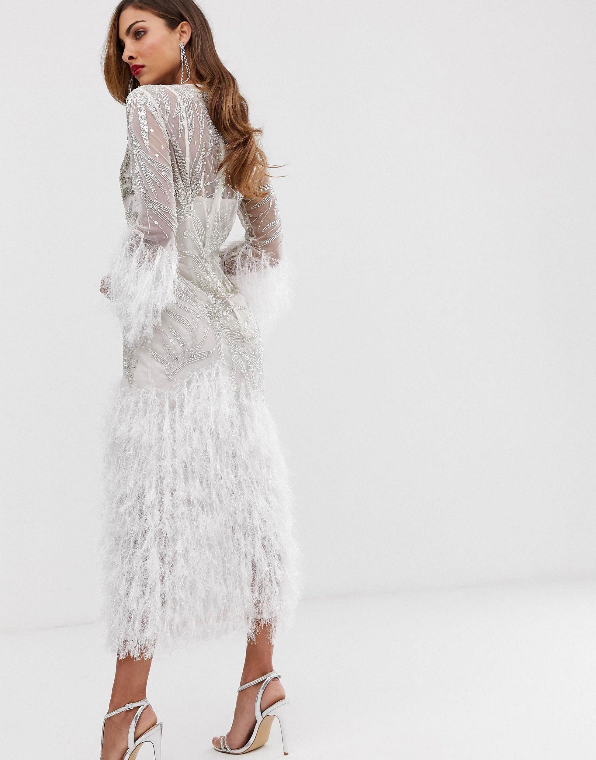 ASOS Embellished Showgirl Midi Dress With Faux Feathers in White | Lyst  Canada