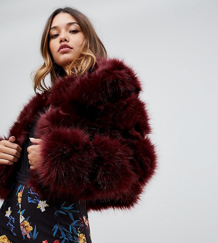 PrettyLittleThing Silk Cropped Faux Fur Bubble Coat in Red - Lyst