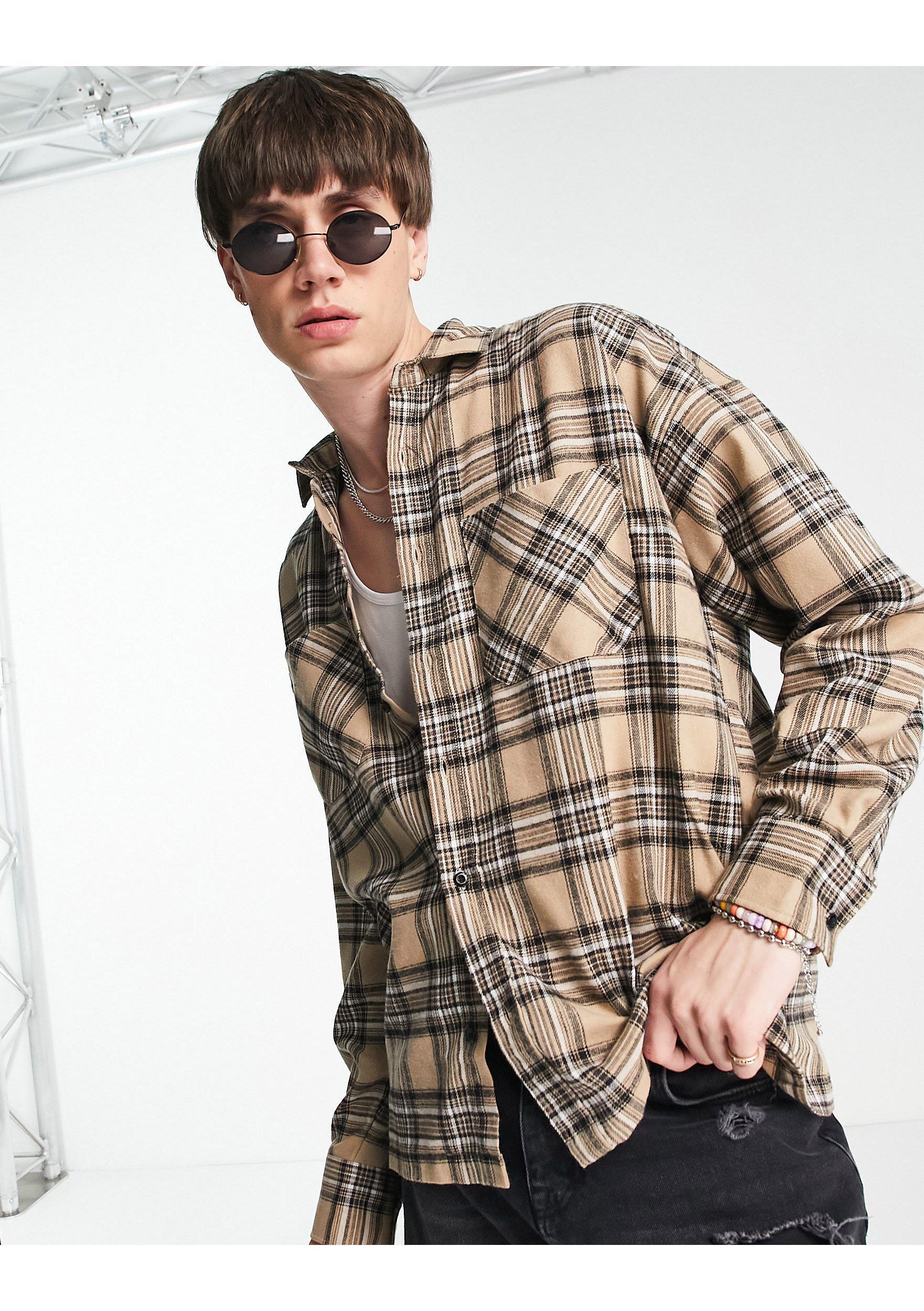 Brown Oversized Flannel Shirt, Tops