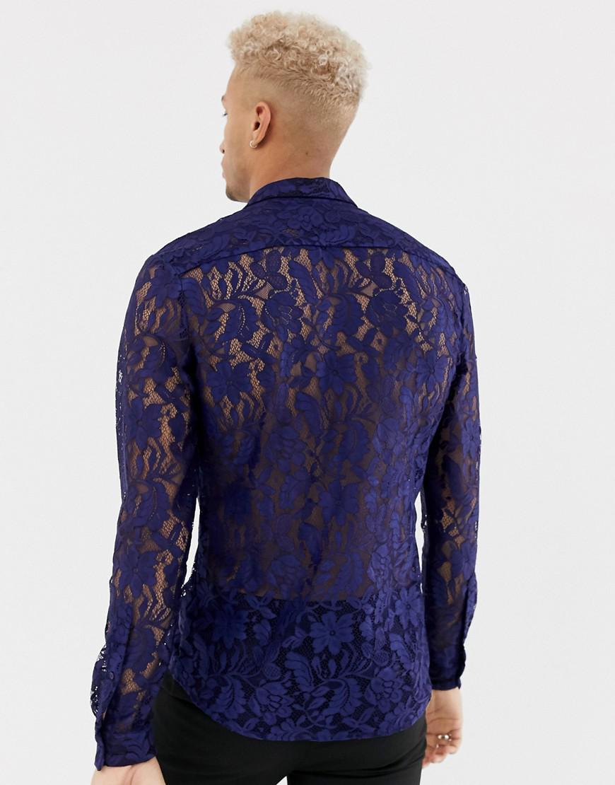 ASOS Party Slim Fit Lace Shirt In Navy in Blue for Men | Lyst